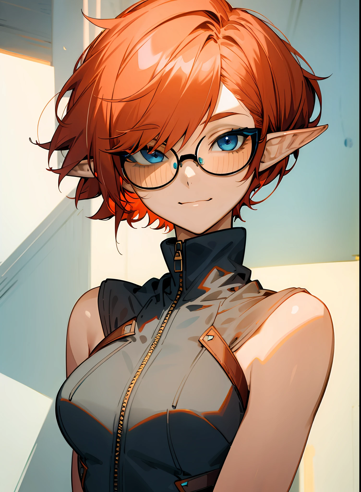 (((headshot))) (((Masterpiece))), best quality, ultra-detailed CG unity 8k wallpaper (1girl:1.3) ((androgynous female)) ((short red pixie cut hair)), ((blue eyes)), ((black glasses)) ((elf ears)) (hoodie) (soft smile)