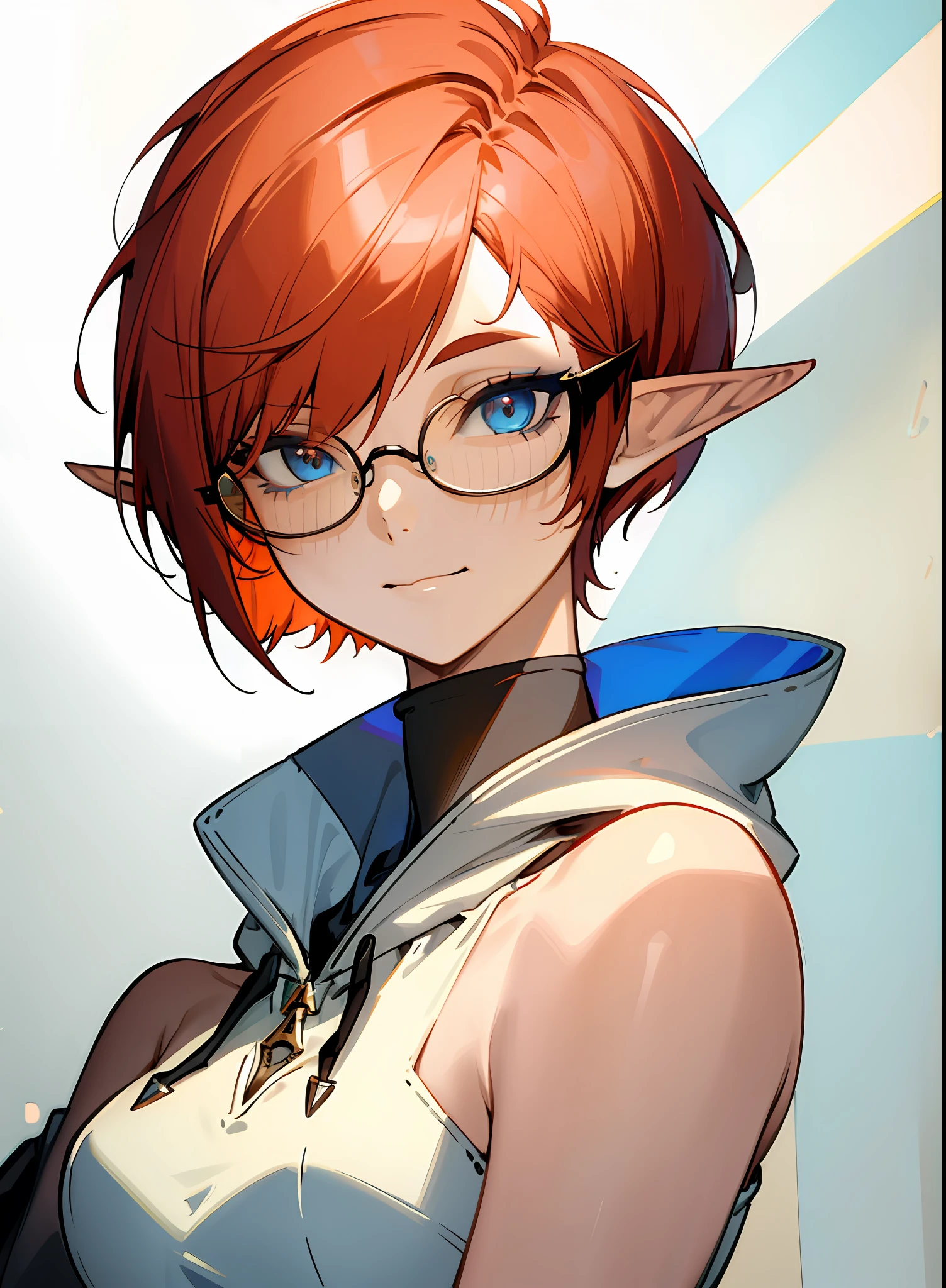 (((headshot))) (((Masterpiece))), best quality, ultra-detailed CG unity 8k wallpaper (1girl:1.3) ((androgynous female)) ((short red pixie cut hair)), ((blue eyes)), ((black glasses)) ((elf ears)) (hoodie) (soft smile)