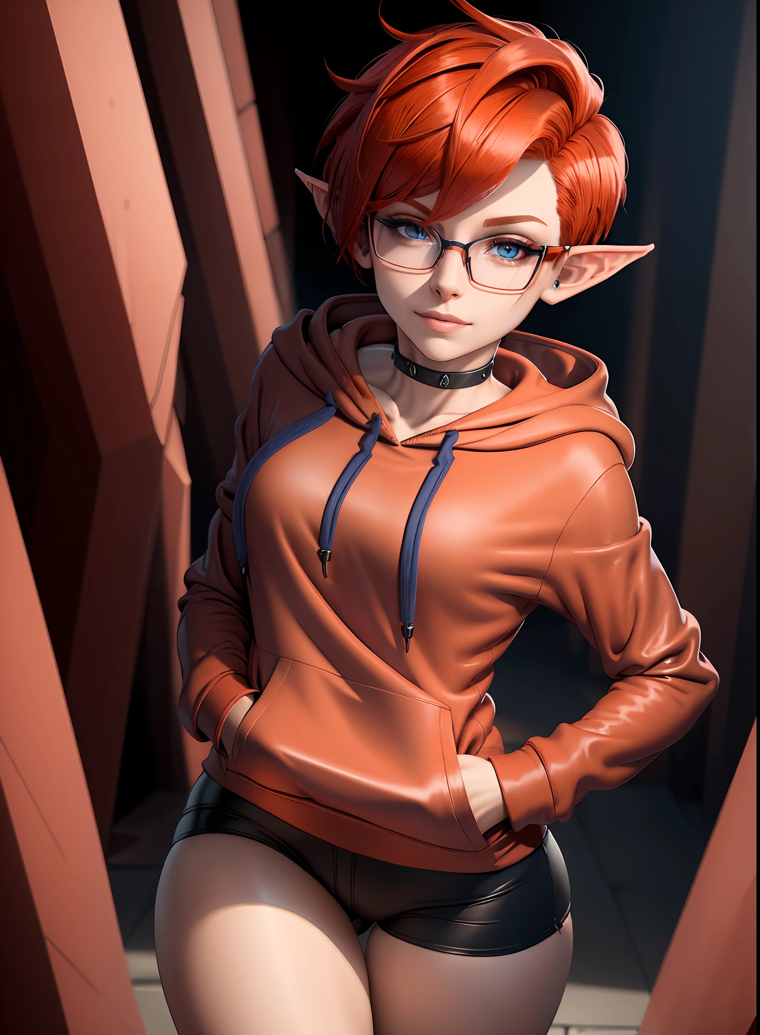 (((headshot))) (((Masterpiece))), best quality, ultra-detailed CG unity 8k wallpaper (1girl:1.3) ((androgynous female)) ((short red pixie cut hair)), ((blue eyes)), ((black glasses)) ((elf ears)) (((red hoodie))) (soft smile)