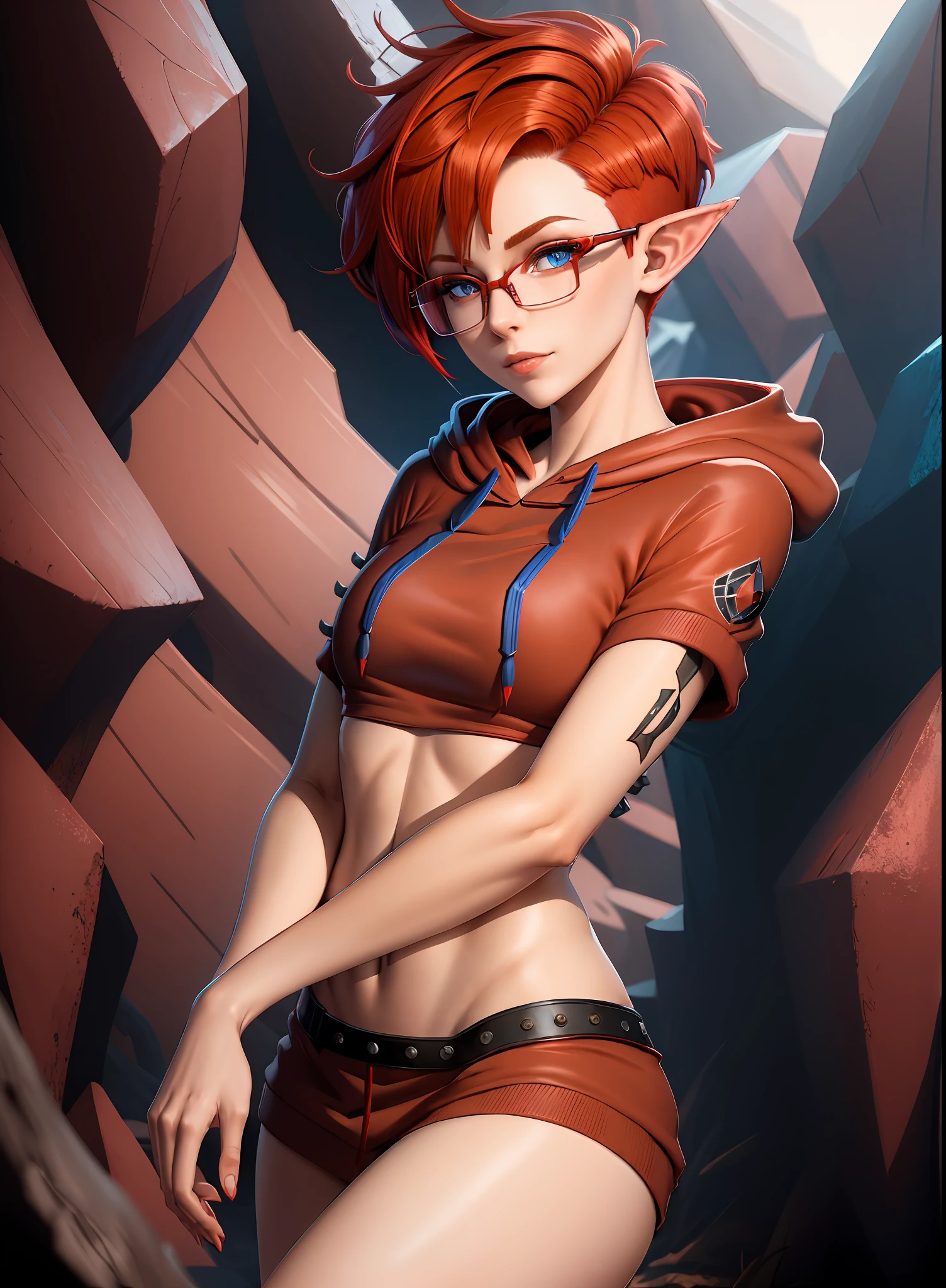 (((headshot))) (((Masterpiece))), best quality, ultra-detailed CG unity 8k wallpaper (1girl:1.3) ((androgynous female)) ((short red pixie cut hair)), ((blue eyes)), ((black glasses)) ((elf ears)) (((red hoodie))) (soft smile)