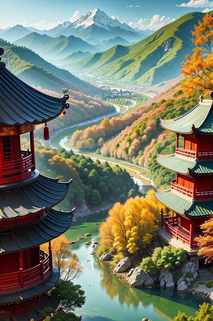 (Chinese scenery, pagoda view in mountainous area and hills, mountains in the background, wide frame, rich colors, water paint filter): 0.9