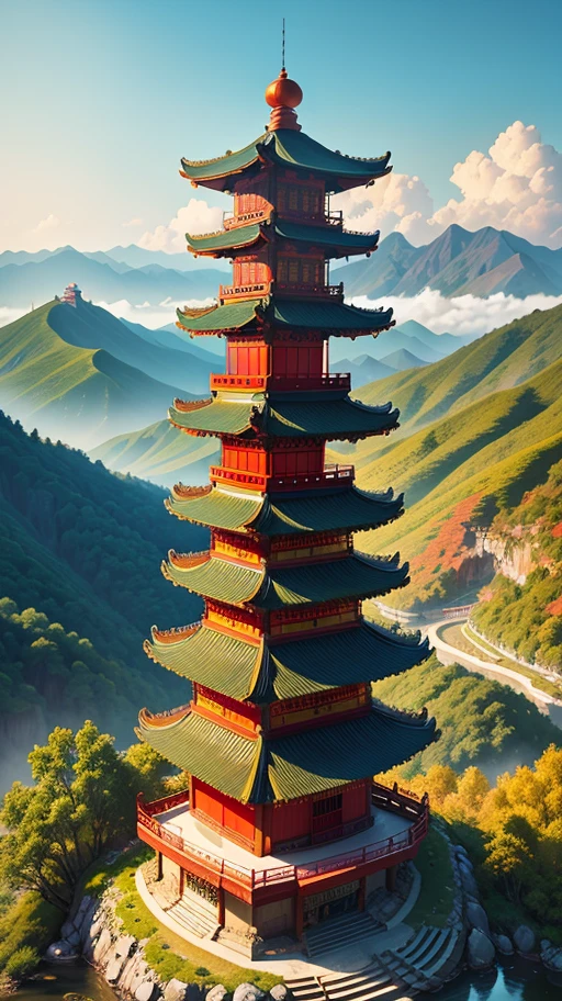 (Chinese scenery, pagoda view in mountainous area and hills, mountains in the background, wide frame, rich colors, water-based paint filter, single color white background)