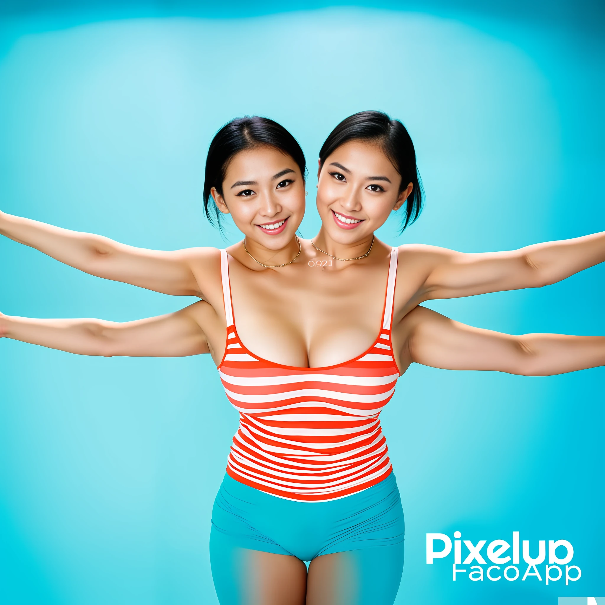 Realistic photograph, 2heads, (extra arms:1.4), a woman posing for a picture, blue tanktop, curvy arms, black hair, incredibly beautiful, strong pose, strange body, very beautiful, arms to the side, (four arms:1.4), curvy arms, multiple arms, four shoulders, armpits fused to shoulders, normal hands, slender body, identical faces, 21 years old, upper body shoot, korean