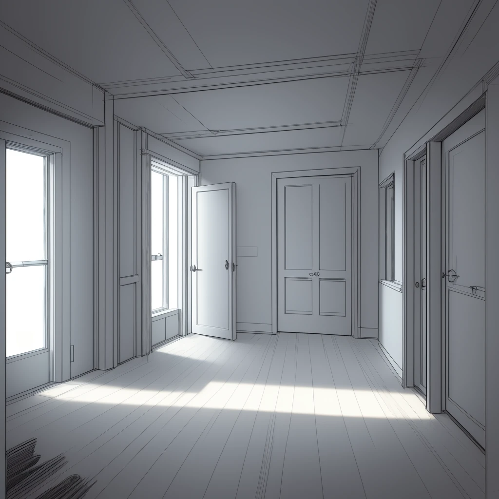 a drawing of a room with a window and a door, accurately drawn details, line sketch, overlapping perspective, sketch - above, rough sketch, rough abstract sketch, line sketch!!, interior background art, detailed but rough, action perspective concept, outline sketch, 2 point perspective, wireframe, clean anime outlines, white space in between, 1 point perspective, no humans, interior, trash, dirty dishes, cups, 8k, extremely detailed