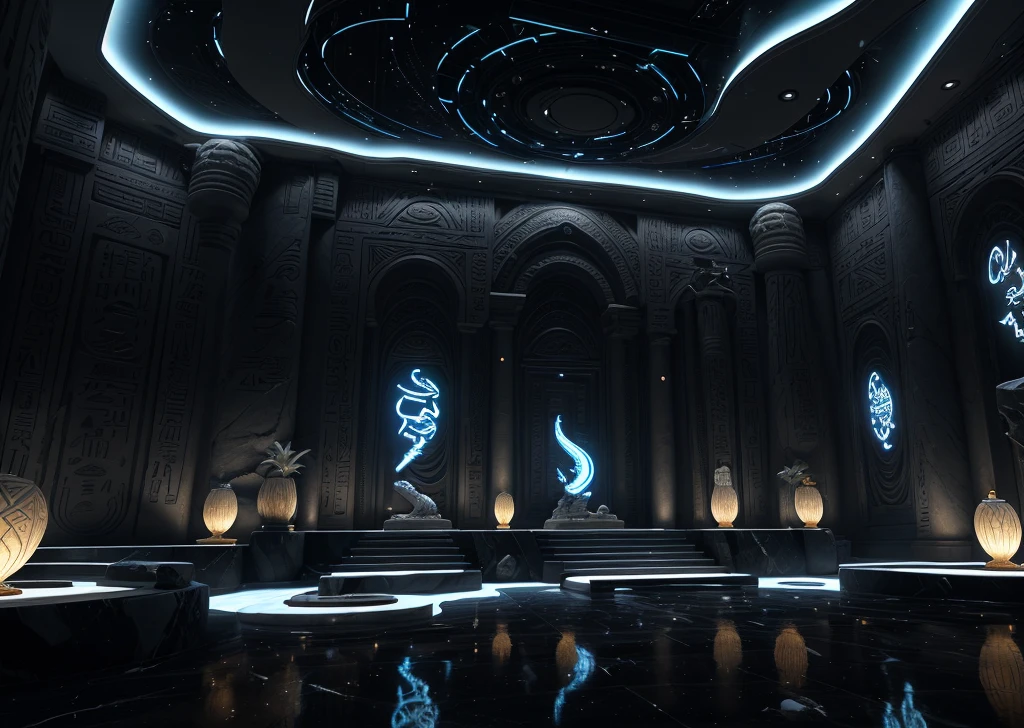 incredible white black blue luxurious futuristic interior in Ancient Egyptian style with lotus flowers, palm trees, hieroglyphics, rocky walls, sand, marble, precious minerals, metals, gemstones, crystals, clouds and water, crocodiles, ultra luxury, black marble – with beautiful lights, Unreal Engine, HQ, 16k