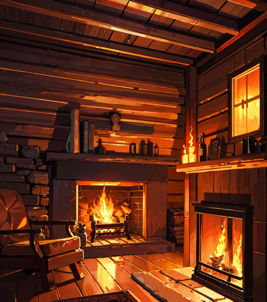 log cabin living room anime background, (cozy atmosphere), (subtle illumination), glowing fire from stone fireplace, lion skin mat. Tatsuya Endo, Greg Rutkowski, Pixiv, Artstation