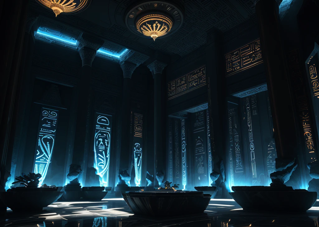 incredible white black blue luxurious futuristic interior in Ancient Egyptian style with lotus flowers, palm trees, hieroglyphics, rocky walls, sand, marble, precious minerals, metals, gemstones, crystals, clouds and water, crocodiles, ultra luxury, black marble – with beautiful lights, Unreal Engine, HQ, 16k