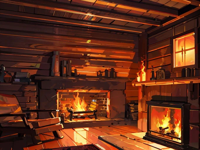 log cabin living room anime background, (cozy atmosphere), (subtle illumination), glowing fire from stone fireplace, lion skin mat. Tatsuya Endo, Greg Rutkowski, Pixiv, Artstation