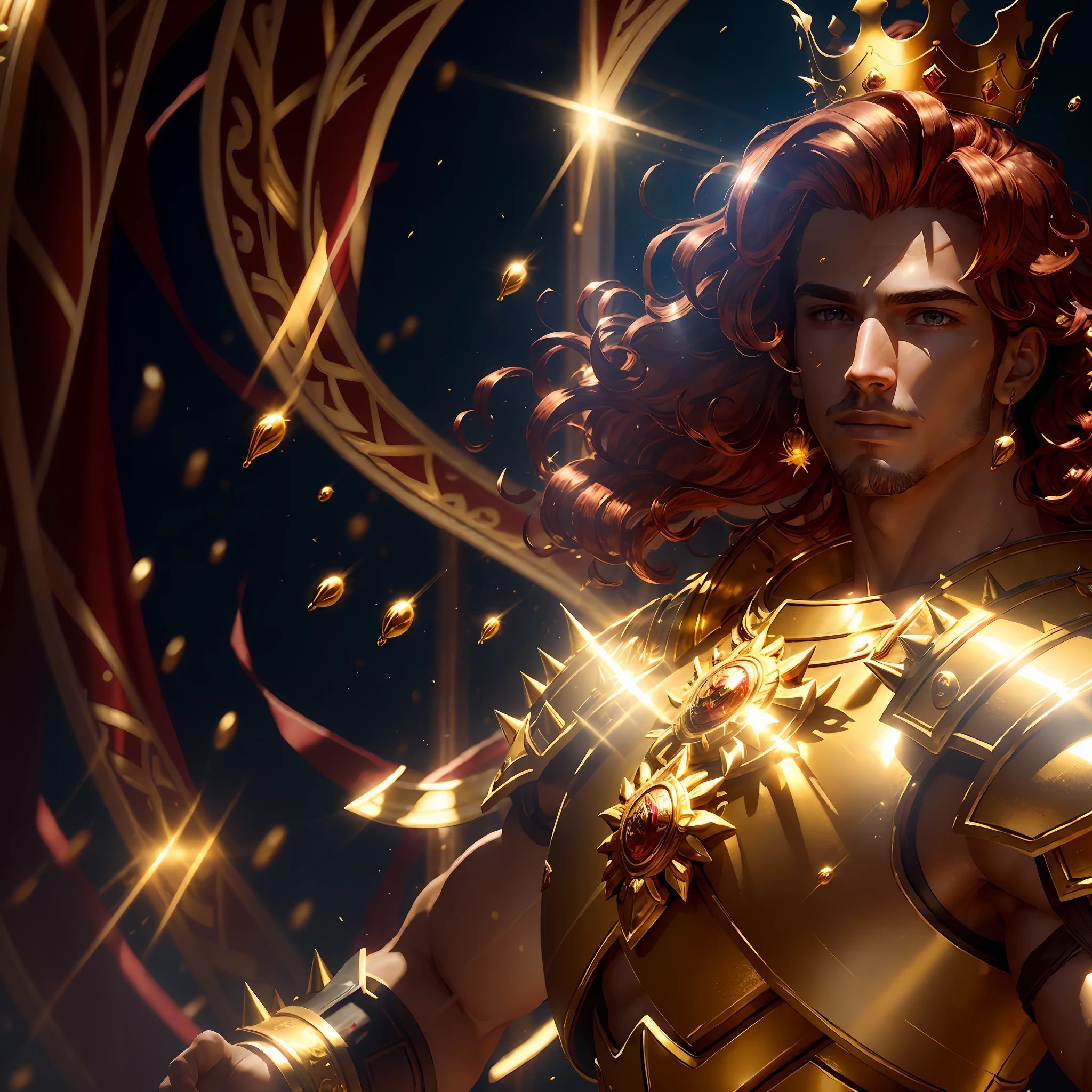 masterpiece, highest quality, solo focus, (perfect face:1.1) , (high detail:1.1), (dramatic, 1.5), 1 muscular male:1.3, (red curled hair:1.2), (deeply tanned skin), (gold jewelry), (radiant crown with 12 spikes:1.3), (in golden armor), (outdoors in full sun), ((bright light:1.5)), (bathed in sunlight), ((golden rays of sun:1.4)), hyper detailed, digital art, studio quality, smooth render, unreal engine 5 render, octane render, 8K, particle effects,