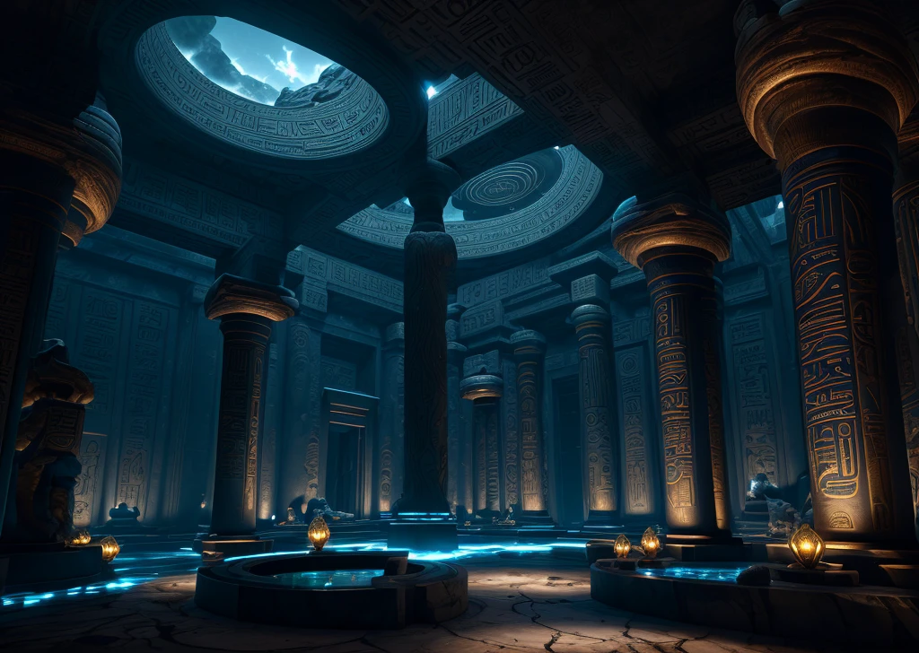 incredible black blue luxurious futuristic interior in Ancient Egyptian style with lotus flowers, palm trees, hieroglyphics, rocky walls, sand, marble, precious minerals, metals, gemstones, crystals, clouds and water, crocodiles, ultra luxury, black marble – with beautiful lights, Unreal Engine, HQ, 16k