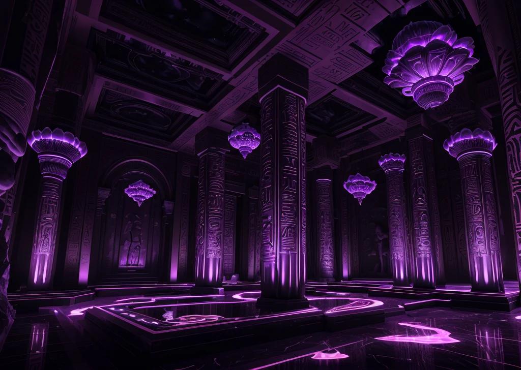 incredible black purple luxurious futuristic interior in Ancient Egyptian style with lotus flowers, palm trees, hieroglyphics, rocky walls, sand, marble, precious minerals, metals, gemstones, crystals, clouds and water, crocodiles, ultra luxury, black marble – with beautiful lights, Unreal Engine, HQ, 16k
