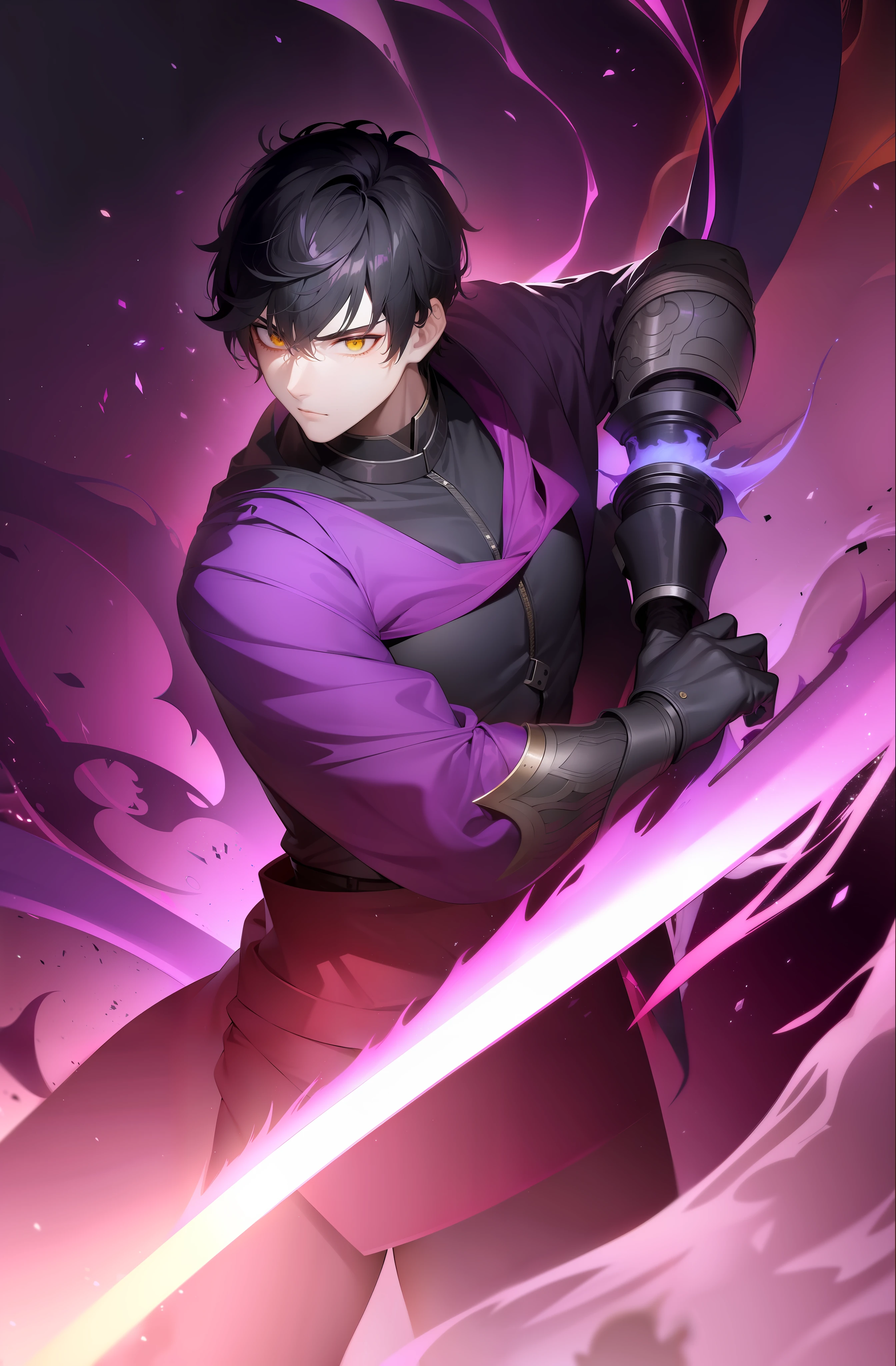 A man 186 centimeters, 26 years old, with short black hair and glowing yellow eyes, stands with a sword surrounded by purple mana, in a fighting stance. A background of a red hell with Seoul destroyed