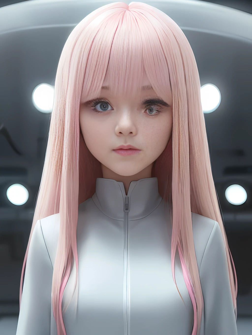 Portrait, (expressive and deep [symmetrical eyes]), o_o, stunning face, naive and innocent expression, stunningly beautiful slender girl, (shaggy haircut)+++, ([blonde | pink : lightened hair ends | pink : (blue hair ends)+] hair color)+, erotic pose, in futuristic (white lab coat), girl looks into the camera, in front of a futuristic sci-fi white lab, (mustard color details)+, futuristic reablation capsule, stunning quality, ultra-high resolution, photorealistic, 8k, hyper-realistic, Rembrandt lighting