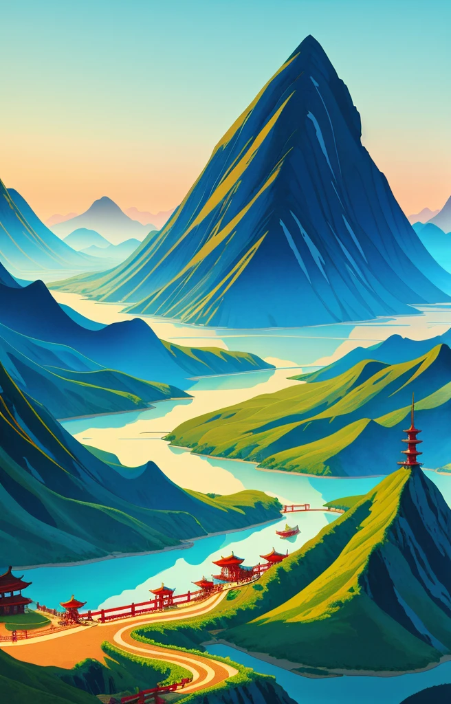A picturesque, illustrative poster in the style of a 2D illustration of a Chinese landscape.