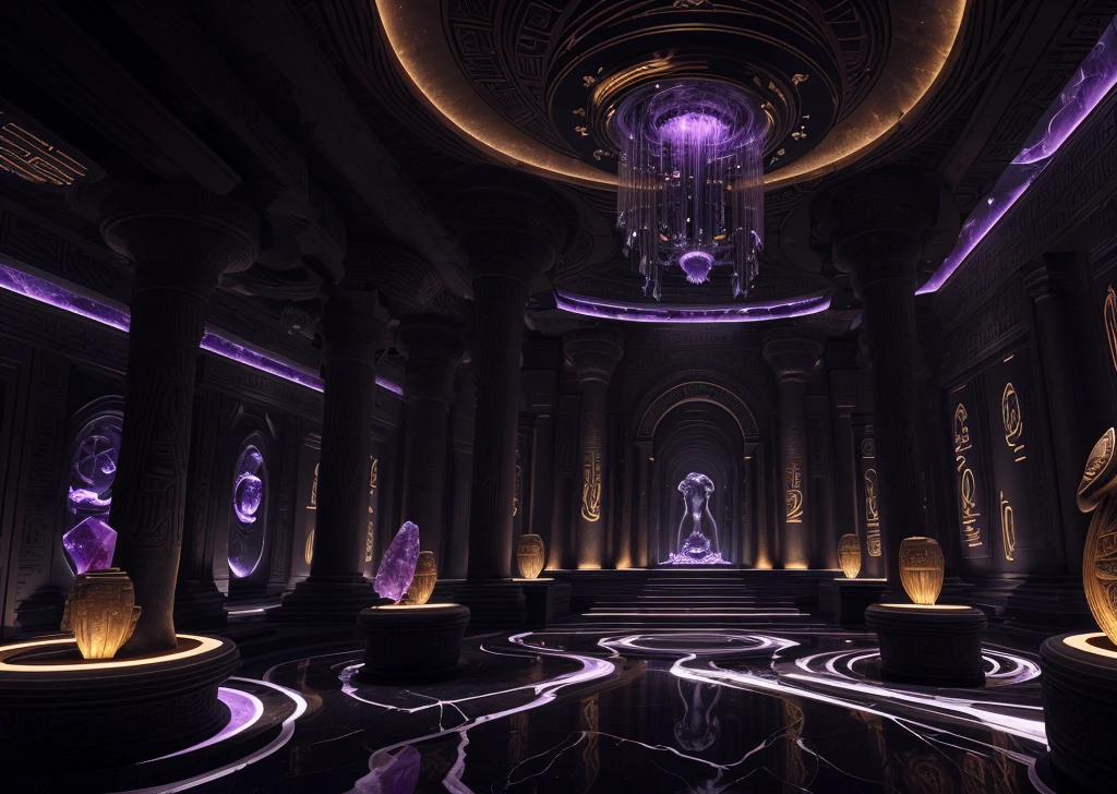 incredible black luxurious futuristic interior in Ancient Egyptian style with lotus flowers, palm trees, hieroglyphics, amethyst, rocky walls, sand, marble, precious minerals, metals, gemstones, crystals, clouds and water, crocodiles, ultra luxury, black marble – with beautiful lights, Unreal Engine, HQ, 16k