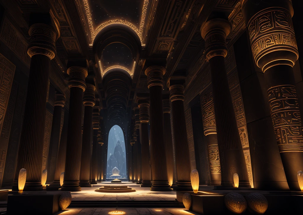 incredible black luxurious futuristic interior in Ancient Egyptian style with lotus flowers, palm trees, hieroglyphics, rocky walls, sand, marble, amethyst, precious minerals, metals, gemstones, crystals, clouds and water, crocodiles, ultra luxury, black marble – with beautiful lights, Unreal Engine, HQ, 16k