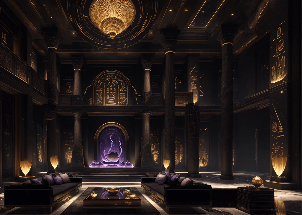 incredible black luxurious futuristic interior in Ancient Egyptian style with lotus flowers, palm trees, hieroglyphics, rocky walls, sand, marble, amethyst, precious minerals, metals, gemstones, crystals, clouds and water, crocodiles, ultra luxury, black marble – with beautiful lights, Unreal Engine, HQ, 16k
