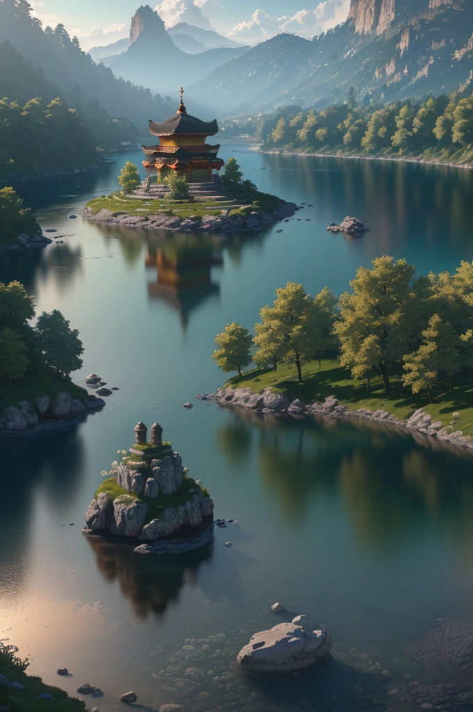 (8k, RAW photo, best quality, masterpiece: 1.2), (realistic, photorealistic: 1.37), octane rendering, ultra high resolution, ultra detailed, professional lighting, photon mapping, radiosity, physically based rendering, ue5, ((shrine between rivers)), ((ancient kingdom)), ((reflections in the water)), ((raytracing)), ((crystal structure))