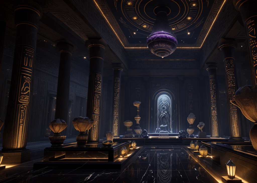 incredible black luxurious futuristic interior in Ancient Egyptian style with lotus flowers, palm trees, hieroglyphics, rocky walls, sand, marble, amethyst, precious minerals, metals, gemstones, crystals, clouds and water, crocodiles, ultra luxury, black marble – with beautiful lights, Unreal Engine, HQ, 16k