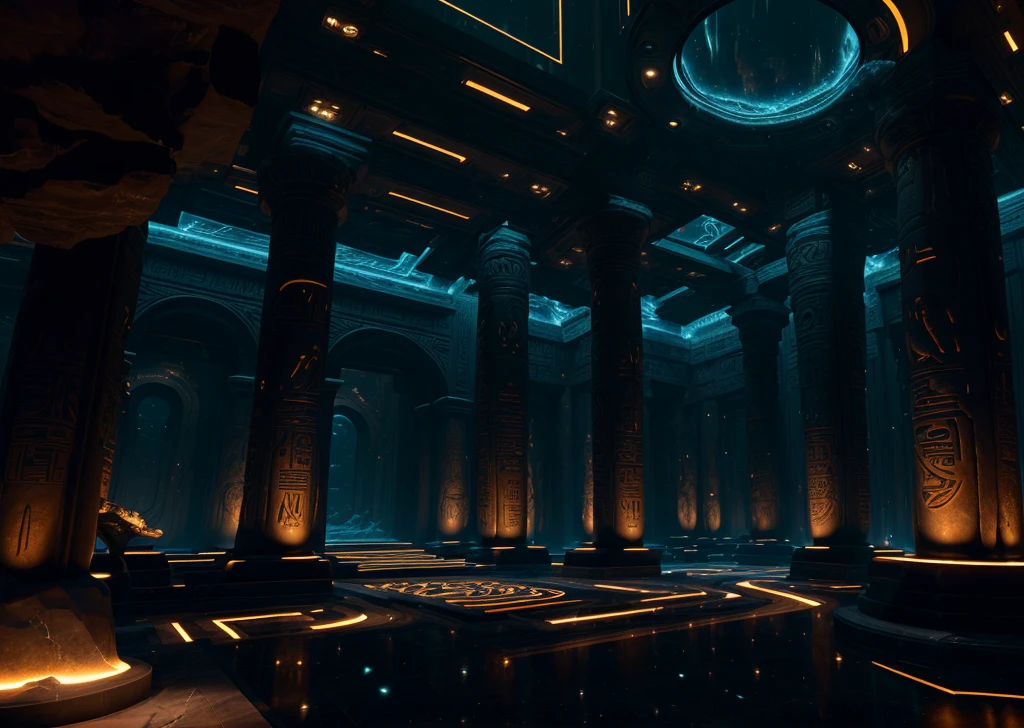 incredible black luxurious futuristic interior in Ancient Egyptian style with lotus flowers, palm trees, hieroglyphics, rocky walls, sand, marble, amethyst, precious minerals, metals, gemstones, crystals, clouds and water, crocodiles, ultra luxury, black marble – with beautiful lights, Unreal Engine, HQ, 16k