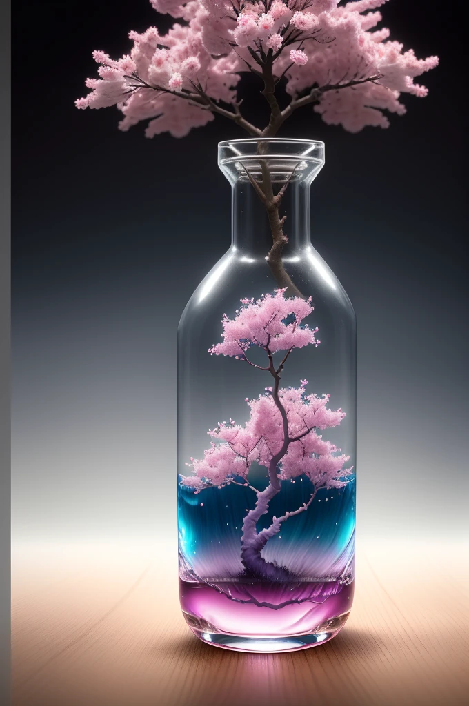 sakura tree in a bottle, fluffy, realistic, atmospheric light refraction, by lee jeffries nikon d850 film stock photograph 4 kodak portra 400 camera f1.6 lens rich colors hyper realistic lifelike texture dramatic lighting unreal engine trending on artstation cinestill 800, Style-Glass