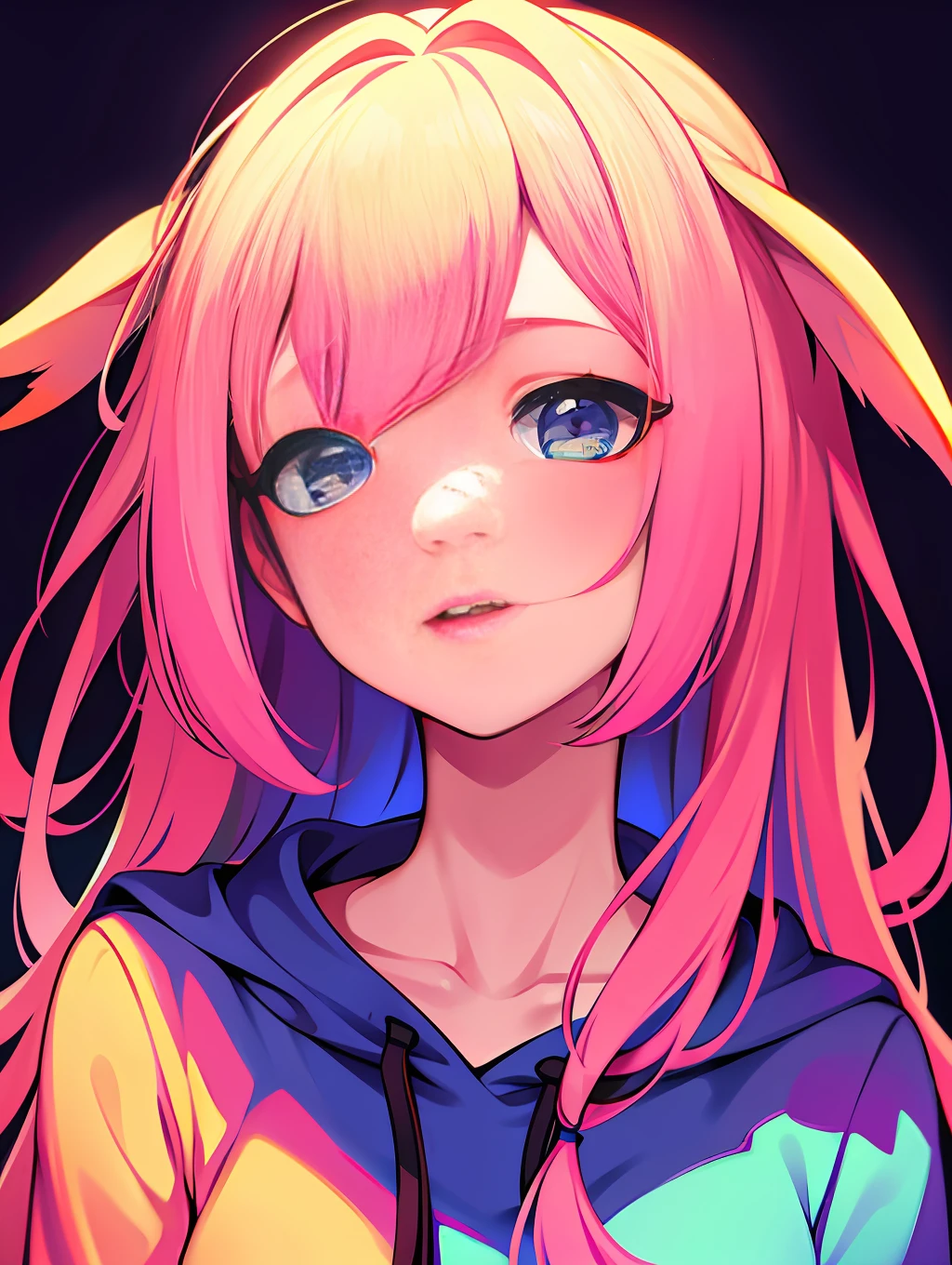 The image depicts a close-up of a person wearing a hoodie, and is inspired by the digital artist Yanjun Cheng, as well as other artists such as Beeple, Rhads, and Lois van Baarle. The style of the illustration is cartoon-like and features bright pastel colors, resulting in a beautiful artwork that resembles a retro anime girl. --ar 2:3 --q 2