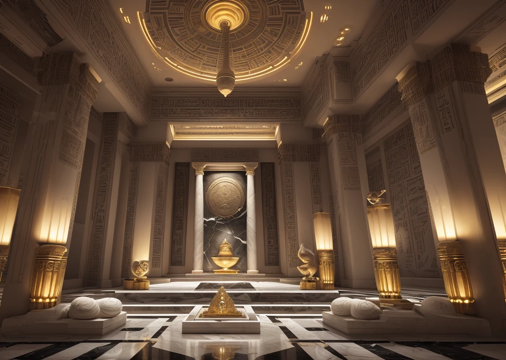 incredible white luxurious futuristic interior in Ancient Egyptian style with lotus flowers, palm trees, hieroglyphics, emerald, amethyst, gold, rocky walls, sand, marble, precious minerals, metals, gemstones, crystals, clouds and water, crocodiles, ultra luxury, black marble – with beautiful lights, Unreal Engine, HQ, 16k