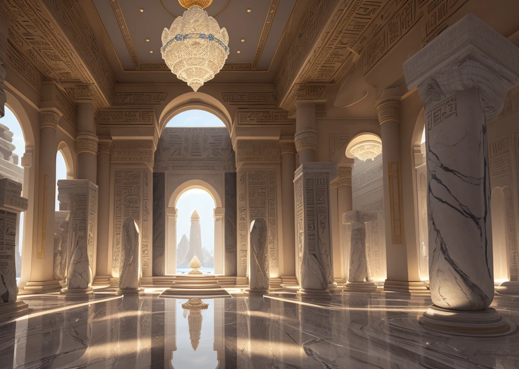 incredible white luxurious futuristic interior in Ancient Egyptian style with lotus flowers, palm trees, hieroglyphics, emerald, amethyst, rocky walls, sand, gold, Carrara marble, precious minerals, metals, gemstones, crystals, clouds and water, crocodiles, ultra luxury, black marble – with beautiful lights, Unreal Engine, HQ, 16k