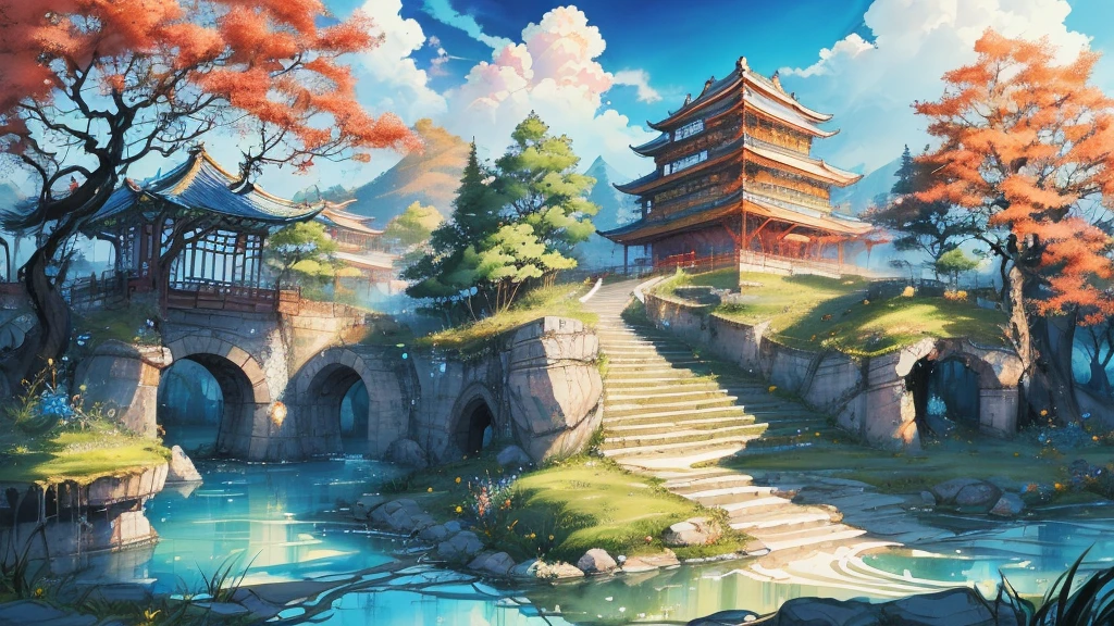 The game scene, the ancient Chinese palace is located above the clouds, Nantianmen, surrounded by clouds and mist, majestic, glazed tiles, Buddha statues, colorful rays of light, ((color ink)),((splash ink)),( (splash ink) ink) ink}) ), masterpiece, high quality, beautiful graphics, high detail