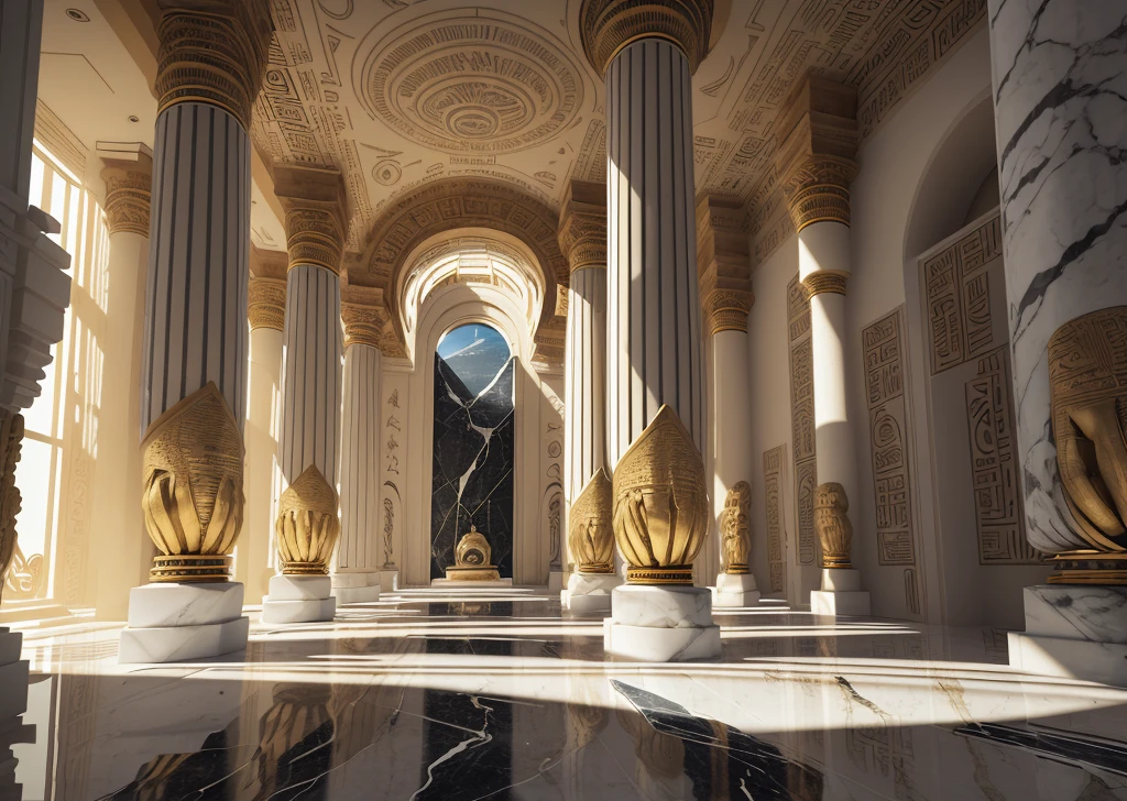 incredible white luxurious futuristic interior in Ancient Egyptian style with lotus flowers, emerald, amethyst, palm trees, hieroglyphics, rocky walls, sand, gold, black marble, Carrara marble, precious minerals, metals, gemstones, crystals, clouds and water, crocodiles, ultra luxury – with beautiful lights, Unreal Engine, HQ, 16k