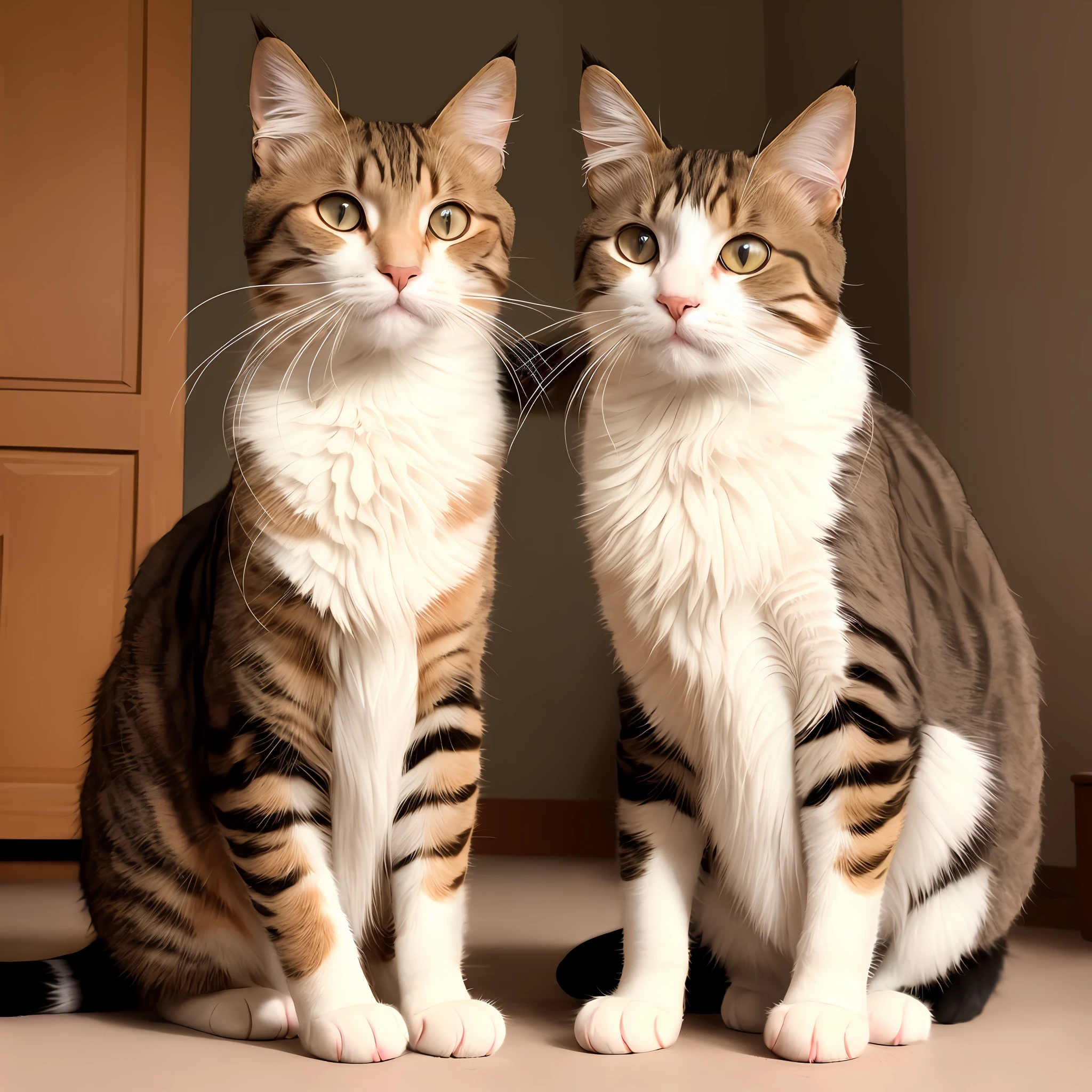 two cats sitting on the floor looking at the camera, twins, two cats, adult pair of twins, two headed cat, sirius a and sirius b, two male, identical picture, two handsome men, beautifully symmetrical, beautiful symmetric, symmetric!, symmetric!!, cute cats, perfect symmetry, gorgeous features, siblings, male and female, clones