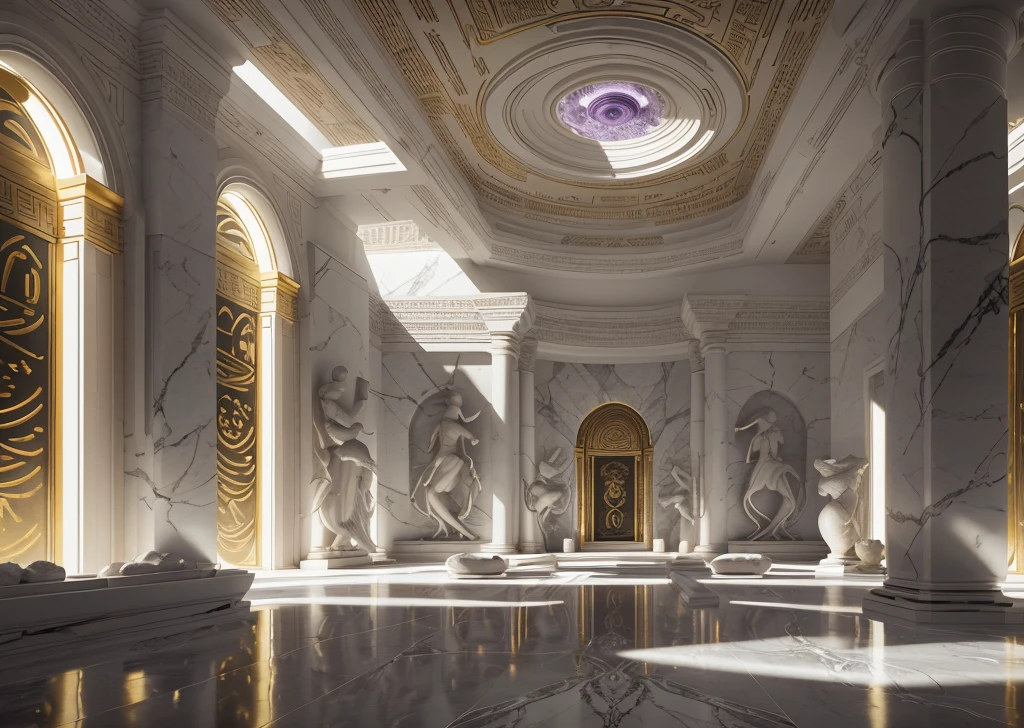 incredible white luxurious futuristic interior in Ancient Egyptian style with lotus flowers, emerald, amethyst, palm trees, hieroglyphics, rocky walls, sand, gold, black marble, Carrara marble, precious minerals, metals, gemstones, crystals, clouds and water, crocodiles, ultra luxury – with beautiful lights, Unreal Engine, HQ, 16k