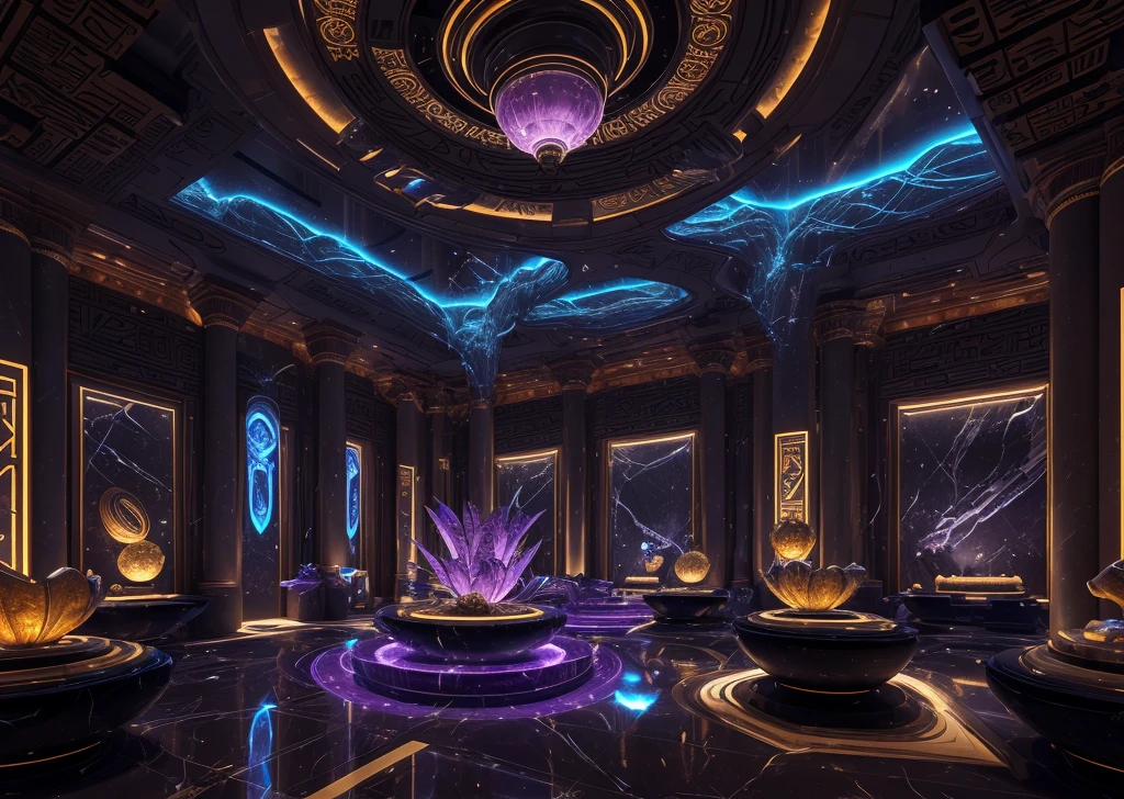 incredible luxurious futuristic interior in Ancient Egyptian style with lotus flowers, palm trees, hieroglyphics, amethyst, emerald, rocky walls, sand, marble, precious minerals, metals, gemstones, crystals, clouds and water, crocodiles, ultra luxury, black marble – with beautiful lights, Unreal Engine, HQ, 16k