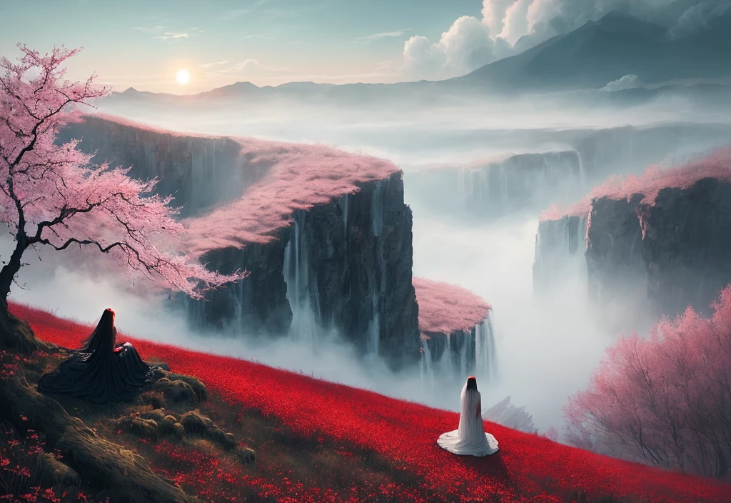 the horror of the sun and moon, Instagram, Pinterest, art station, ai art, digital paint, smoke, mist, vapor, wind, swirls, red, chaos, intricate details, intricate design, dark landscape, vast landscape, waterfalls, white cherry blossom trees, obsidian landscape, woman laying in the field