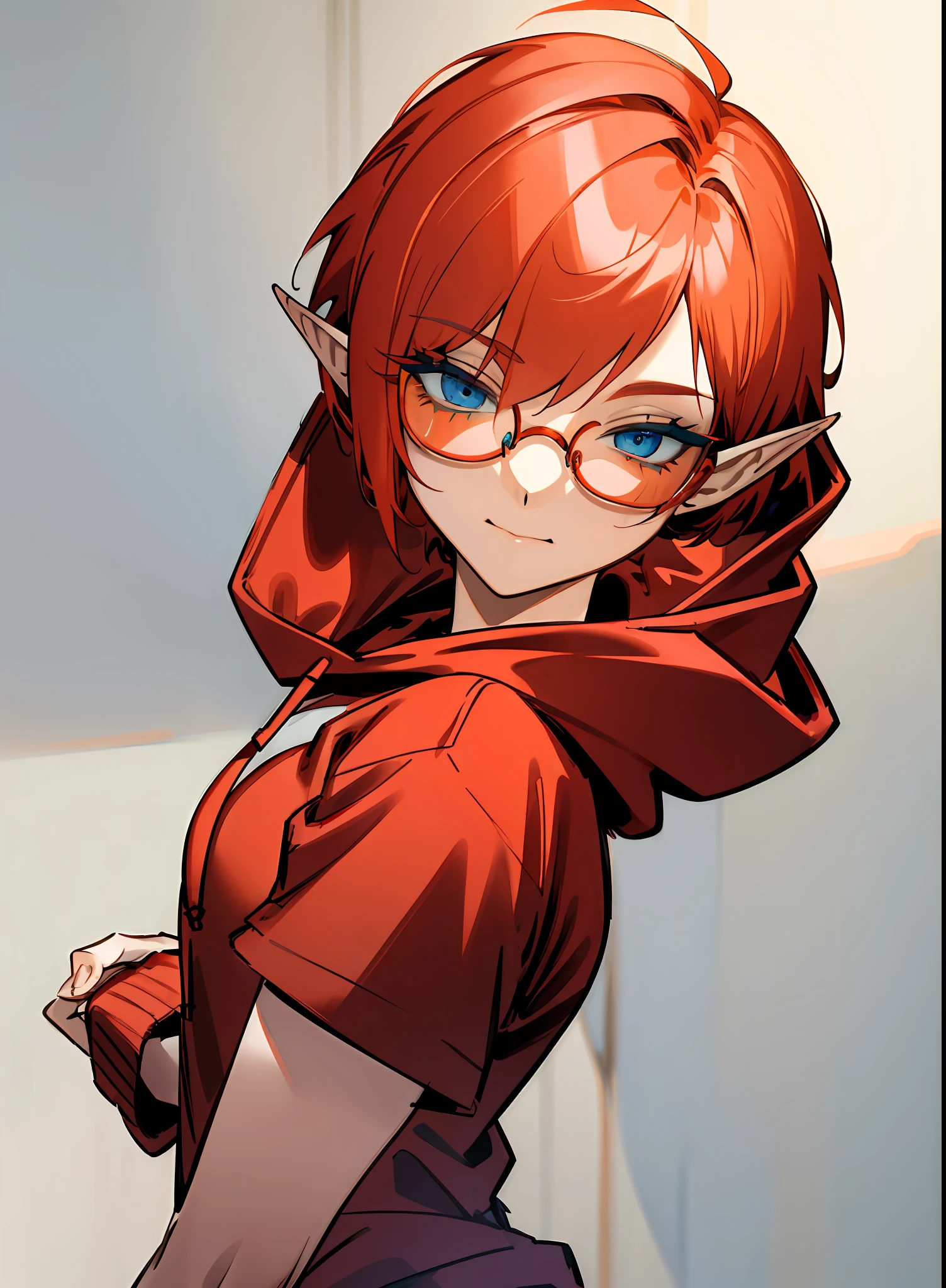 (((headshot))) (((Masterpiece))), best quality, ultra-detailed CG unity 8k wallpaper (1girl:1.3) ((androgynous female)) ((short red pixie cut hair)), ((blue eyes)), ((black glasses)) ((elf ears)) (((red hoodie))) (soft smile)