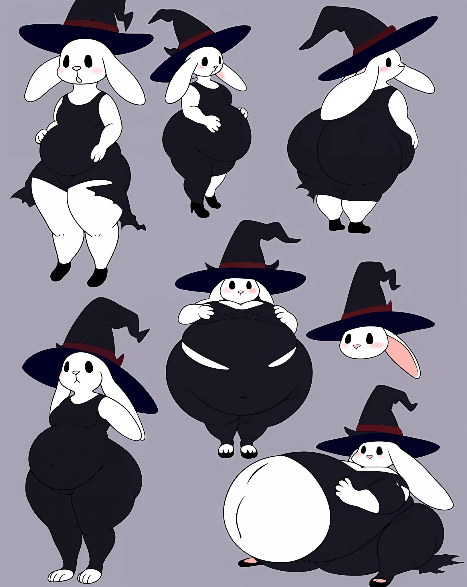 anthro white rabbit, female, adult, fat, black dress, torn dress, witch hat, short, embarrassed, hyper belly, inflation, panicked, solo, huge butt, long ears, eating