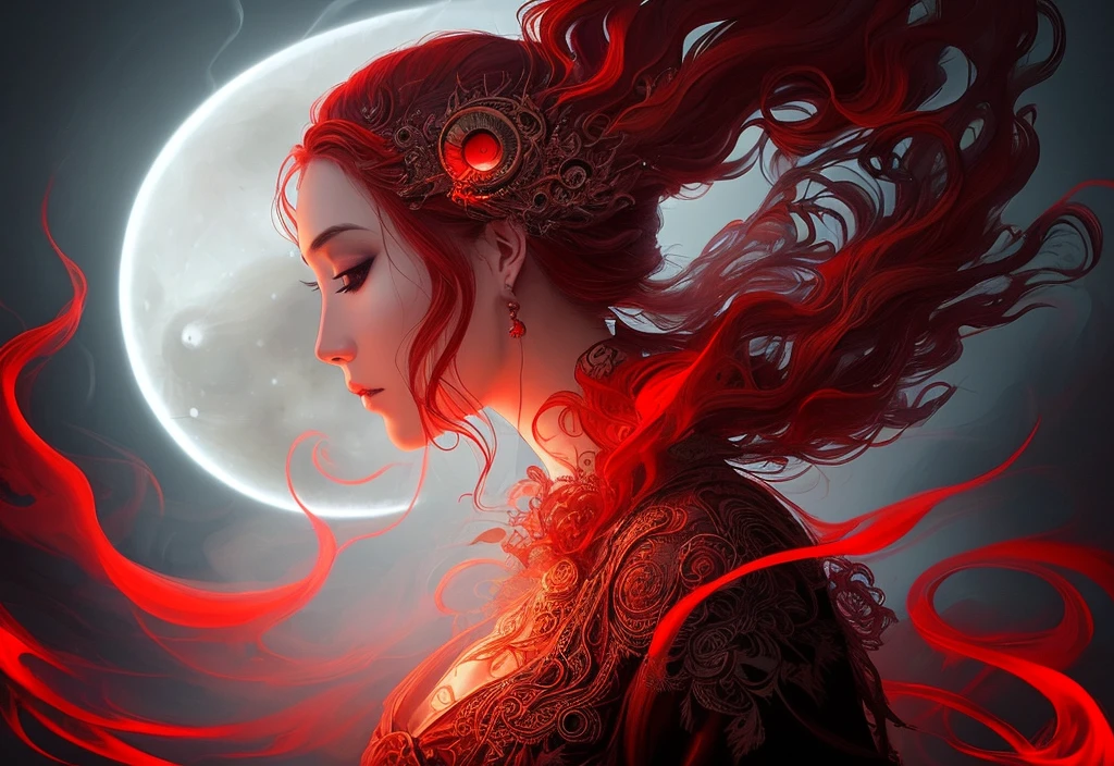 the horror of the sun and moon, Instagram, Pinterest, art station, ai art, digital paint, smoke, mist, vapor, wind, swirls, red, chaos, intricate details, intricate design, beautiful pose, beautiful woman