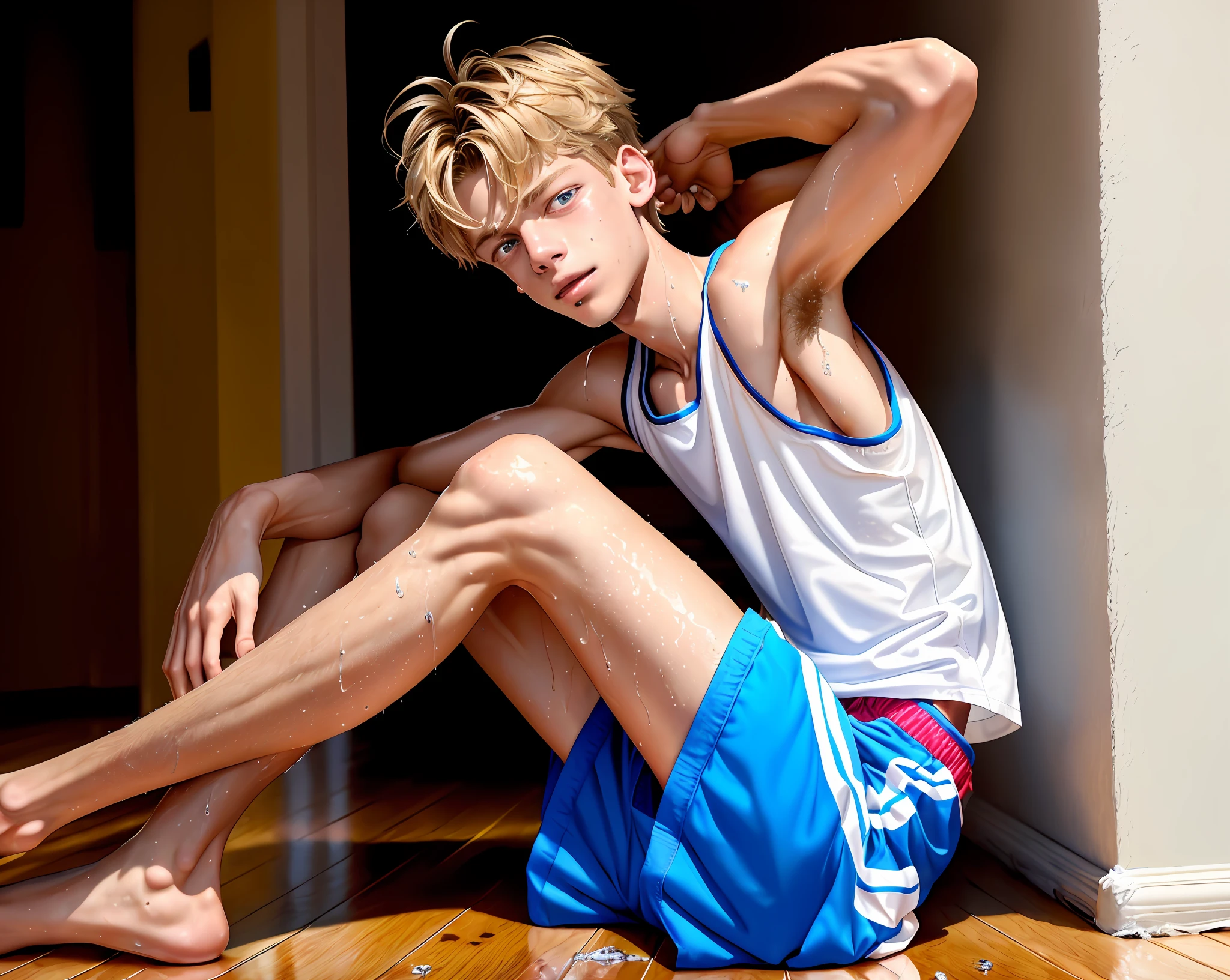 jace norman, sweaty teen boy, standing in his big cloest, far from camera, whole body, braces, age 16, wavy tiktok hair, bare feet, wearing sleeveless t-shirt with dropped armhole, hands behind head, short fine armpit hair, flexing, veiny arms, cute, tall, arms behind head, short wispy armpit hair showing, lean, not muscular, wispy pubes, teen boy masterpiece, high resolution, feet visible, no shoes, very dirty feet, skinny, tall, nice boy feet, teen boy feet, skinky feet, boy feet, foot fetish, tall boy, teen boy, braces, best quality, sticky armpit hair, sticky, glue on floor, wet floor, sticky clothes, drops on underwear, drops on shorts, sticky on shorts, drops on floor,, sweaty face, sweaty hair