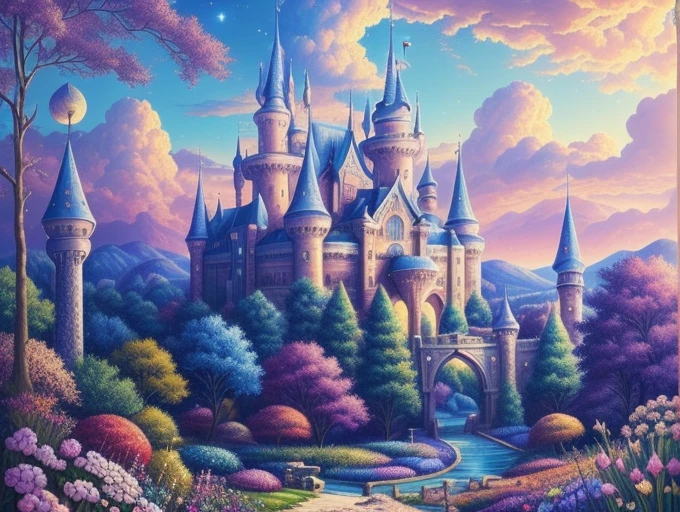 (Masterpiece), (Perfect Quality: 1.0), (Ultra HD Details: 1.0), psychedelic and dreamy illustrations, in the fairyland-like forest and sky, a magnificent and mysterious huge castle is looming --v 6