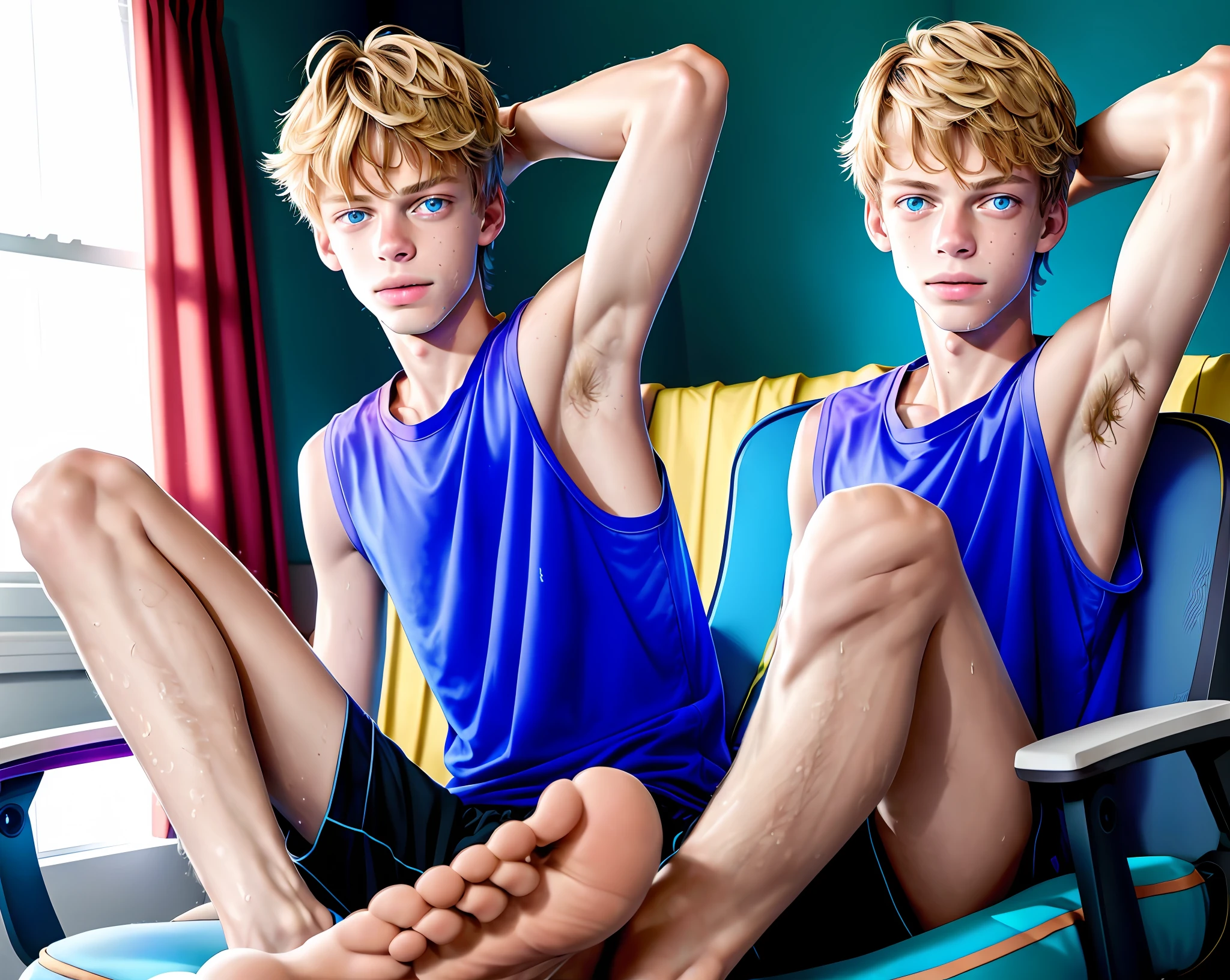 jace norman, sweaty teen boy sweating while gaming on his gaming chair in his room, age 13, his feet are pointing to the camera, sitting far from the camera, hands behind head, wearing sleeveless t-shirt with dropped armhole, short fine armpit hair, flexing, veiny arms, cute, tall, arm behind head, short wispy armpit hair showing, lean, not muscular, wispy pubes, teen boy masterpiece, high resolution, feet visible, no shoes, very dirty feet, skinny, tall, nice boy feet, teen boy feet, skinky feet, boy feet