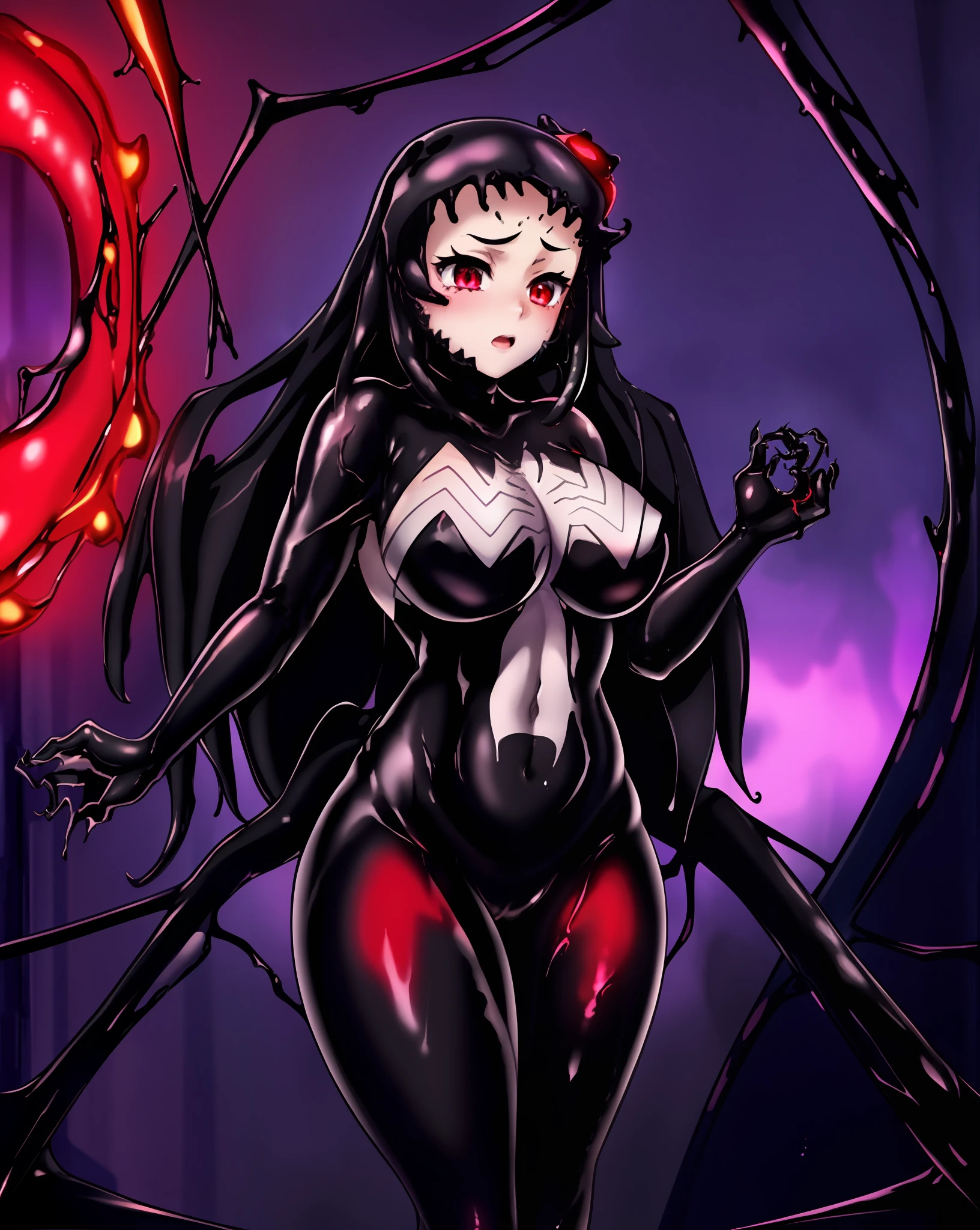 girl, beautiful, symbiote, scared, black slime, masterpiece, beautiful, red light,