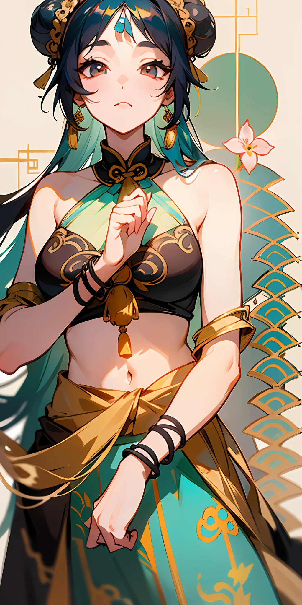 An ancient Chinese beauty with gorgeous costumes embroidered with intricate embroidery, with transparent colorful streamers tied around her arms, flowing, showing her navel, bare shoulders, open neck with buns, flower hairpins, armbands tied with streamers, bracelets, anklets , with metal chain tassels around the waist, Mogao Grottoes art, Dunhuang Flying Apsaras mural inspiration, ink wash, cgstation popular --v 6