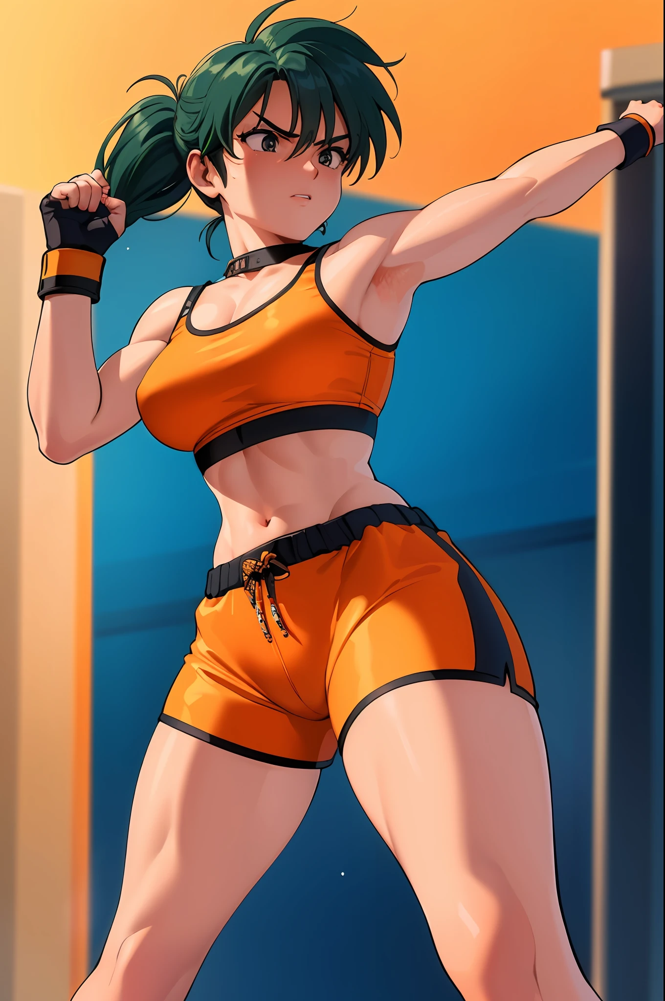 ((masterpiece)), (best quality), (detailed), (1 girl), mma fighter girl, short ponytail green hair, black eyes, fair skin, lean body, young adult, orange cropped tube top, (orange cycling shorts), dark blue fingerless gloves, on the streets, fighting stance, midriff, navel, barefoot, 8k, detailed, ultra-detailed, absurdress