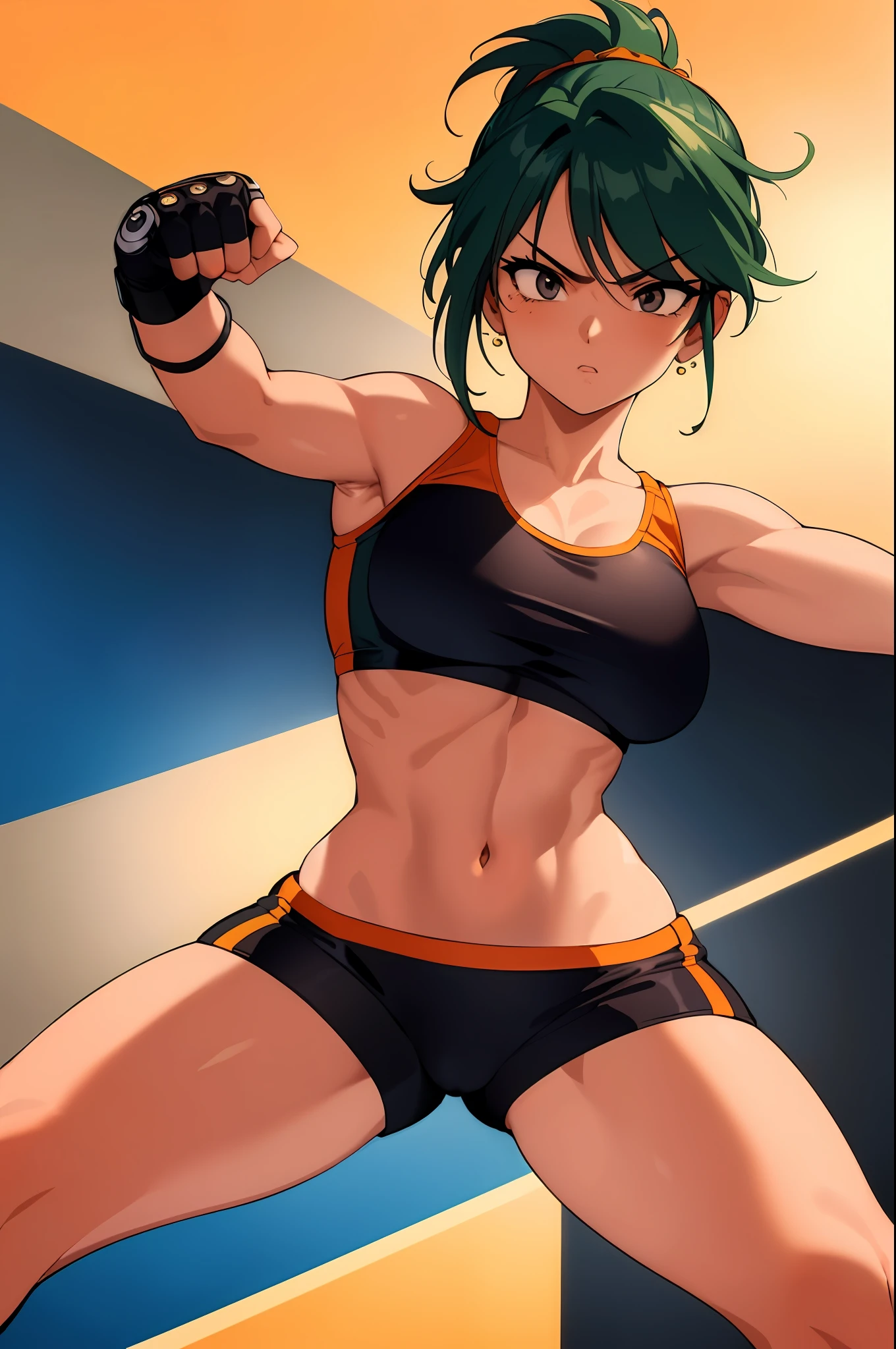 ((masterpiece)), (best quality), (detailed), (1 girl), mma fighter girl, short ponytail green hair, black eyes, fair skin, lean body, young adult, orange cropped tube top, (orange cycling shorts), dark blue fingerless gloves, on the streets, fighting stance, midriff, navel, barefoot, 8k, detailed, ultra-detailed, absurdress