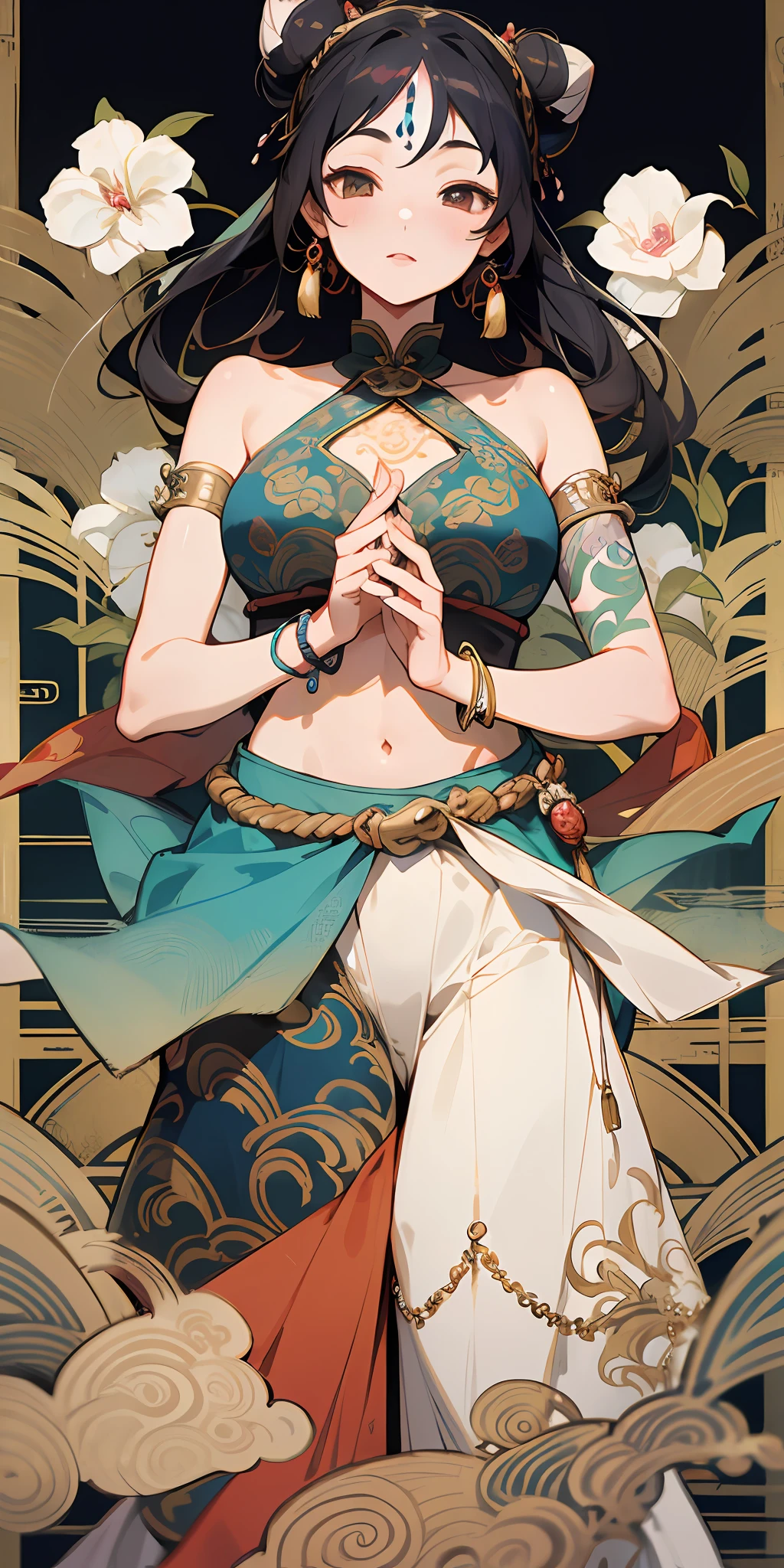 An ancient Chinese beauty with gorgeous costumes embroidered with intricate embroidery, with transparent colorful streamers tied around her arms, flowing, showing her navel, bare shoulders, open neck with buns, flower hairpins, armbands tied with streamers, bracelets, anklets , with metal chain tassels around the waist, Mogao Grottoes art, Dunhuang Flying Apsaras mural inspiration, ink wash, cgstation popular --v 6