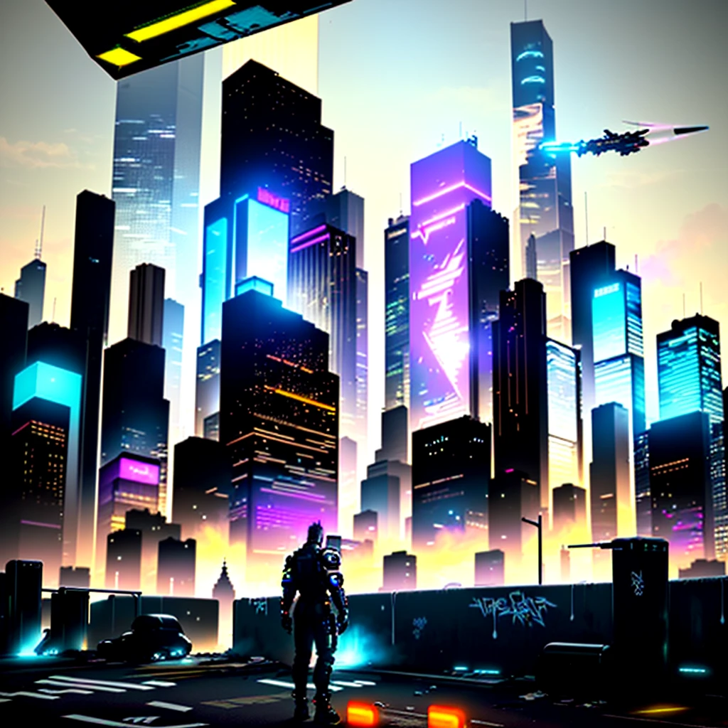 Highlight the contrast between the sleek, high-tech architecture of a cyberpunk city and the grungy, street-level reality with a shot that juxtaposes gleaming skyscrapers with dilapidated buildings and graffiti-covered walls. --ar 4:5