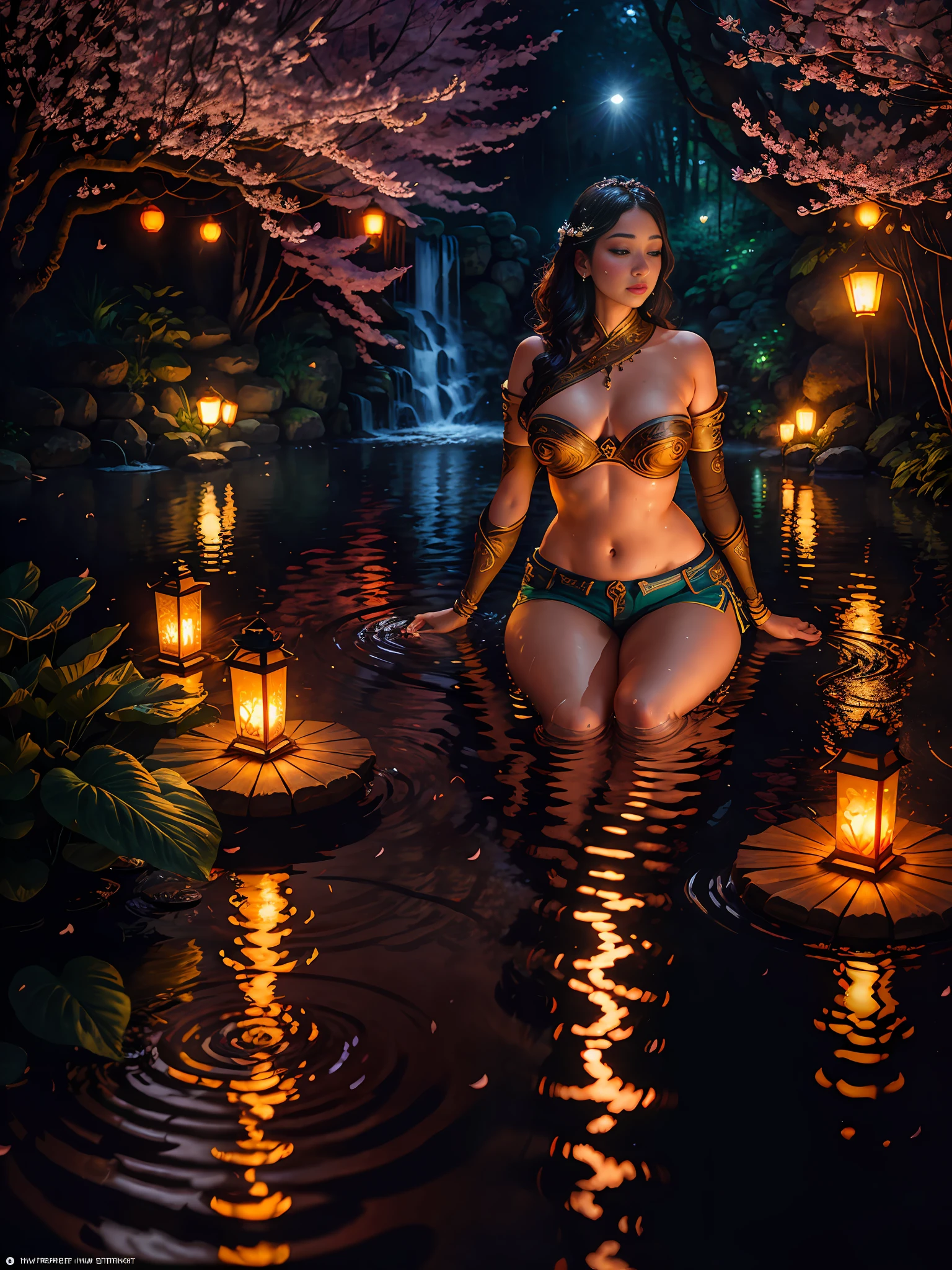 Masterpiece, top quality, single, (thin: 1.15), (shorts: 1.15) and (curvy) woman (fair skin: 1.11) and (flat chest: 1.1), full body, (close-up: 1.1), high angle, (Viewing Angle: 0.6), (Perfect Face: 1.1) Intricate (High Detail: 1.1) Figure, Navel Covered, Eyes Lifted, Lips, Flooded Water, Flowerbeds with Lanterns in Background, Dense Forest, (Leaves Over Water : 1.0), falling cherry blossoms, butterflies, fireflies, Nikon D850 film photos 4 kodak portra 400 camera f1.6 lens rich colors, ultra-realistic realistic textures, dramatic lighting trends on Unreal Engine artstation cinestil800
