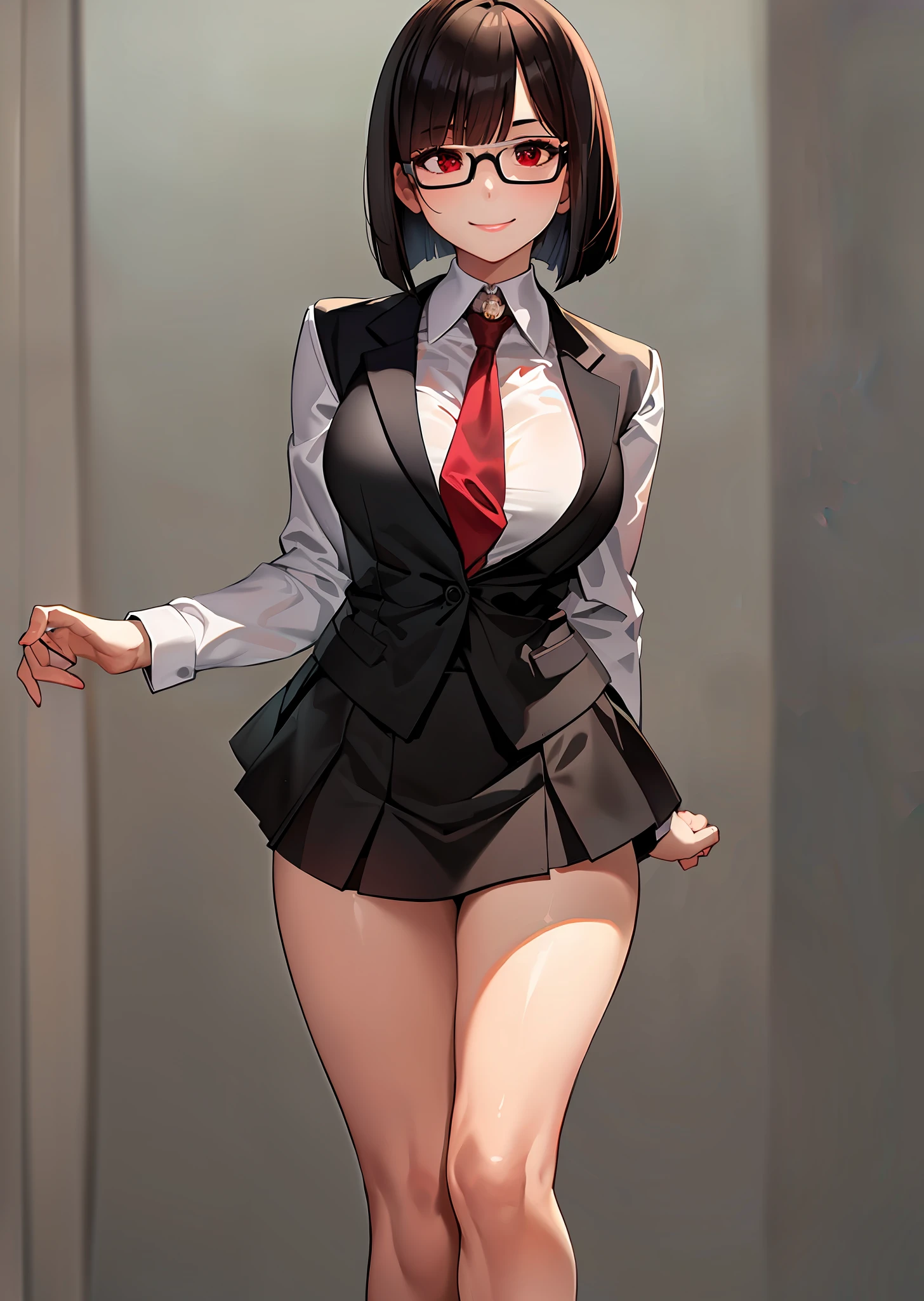 (best quality, masterpiece1.2), detailed,1girl, solo,looking at viewer,simple background, dynamic pose,smile ,detailed eyes , full body, red eyes, dark hair , bob cut, office lady, mature female, necktie, glasses, miniskirt, bokuman