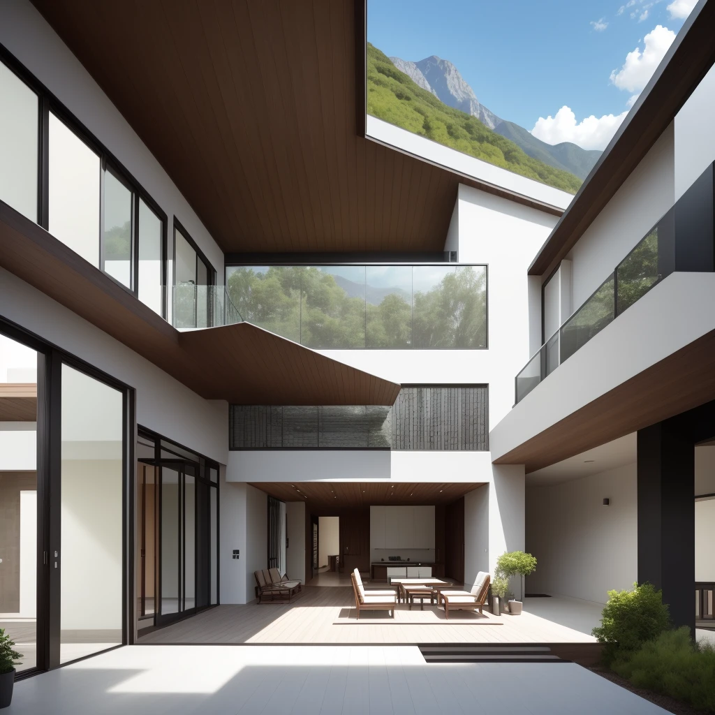 Photo of a spacious and stylish modern house located in Sierra Alta, Monterrey, Nuevo León, with a unique and inviting design that incorporates indoor and outdoor living spaces... The house features clean lines and an open concept design that blends seamlessly with the surrounding landscape... The exterior is clad in wood and stone, with large windows that provide stunning views of the lush greenery and mountains in the distance... Inside, the house is decorated with modern furnishings and natural materials, creating a warm and inviting atmosphere... A family is seen enjoying the large patio area, with a barbecue and outdoor seating perfect for entertaining... --ar 16:9 --c 3 --q 5 --s 1000