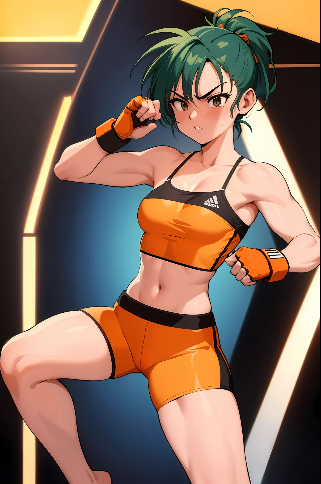 ((masterpiece)), (best quality), (detailed), (1 girl), mma fighter girl, short ponytail green hair, black eyes, fair skin, lean body, young adult, orange cropped tube top, (orange cycling shorts), dark blue fingerless gloves, on the streets, fighting stance, midriff, navel, barefoot, 8k, detailed, ultra-detailed, absurdress